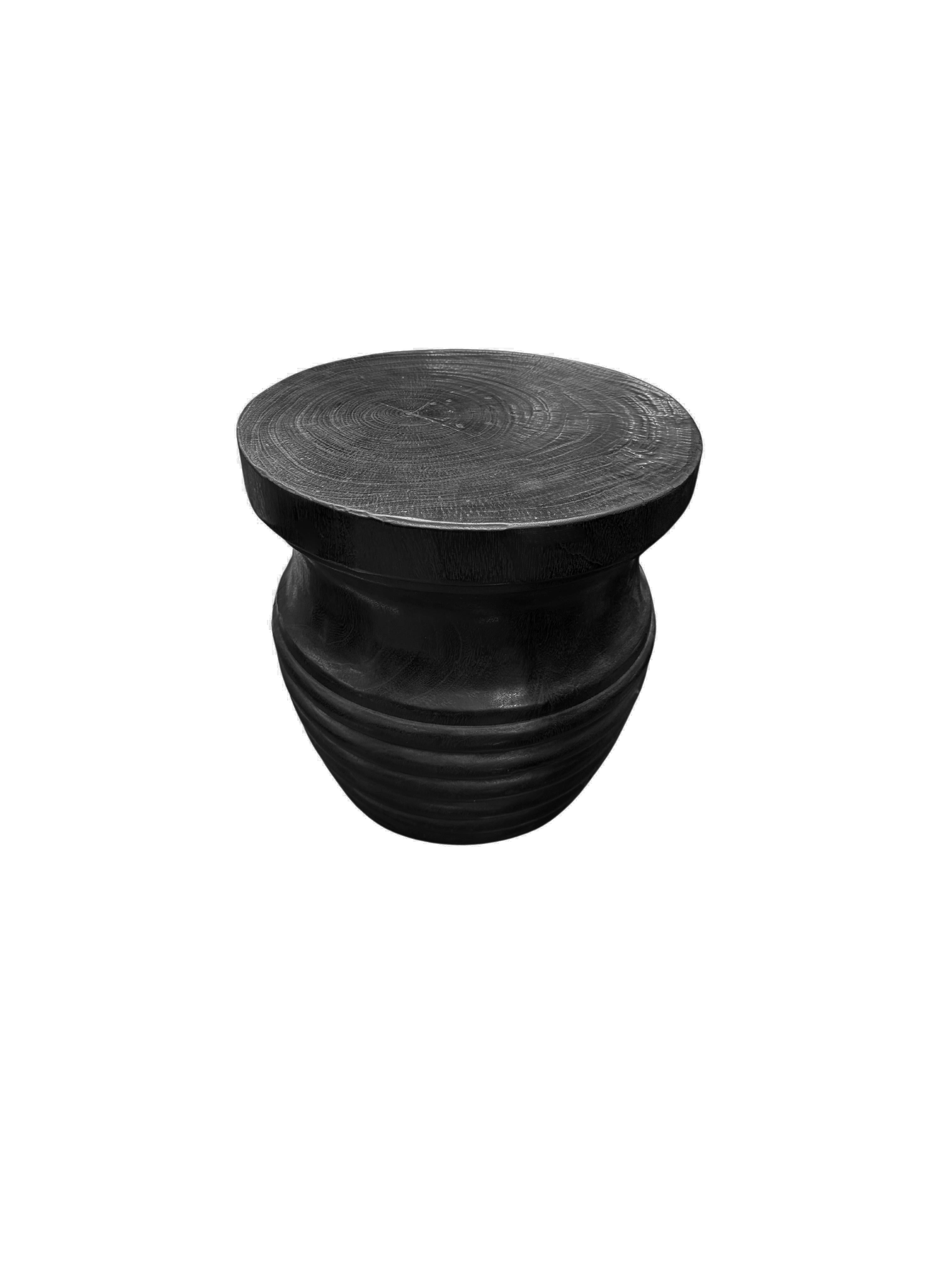 Indonesian Sculptural Solid Mango Wood Round Side Table Modern Organic, Burnt Finish For Sale