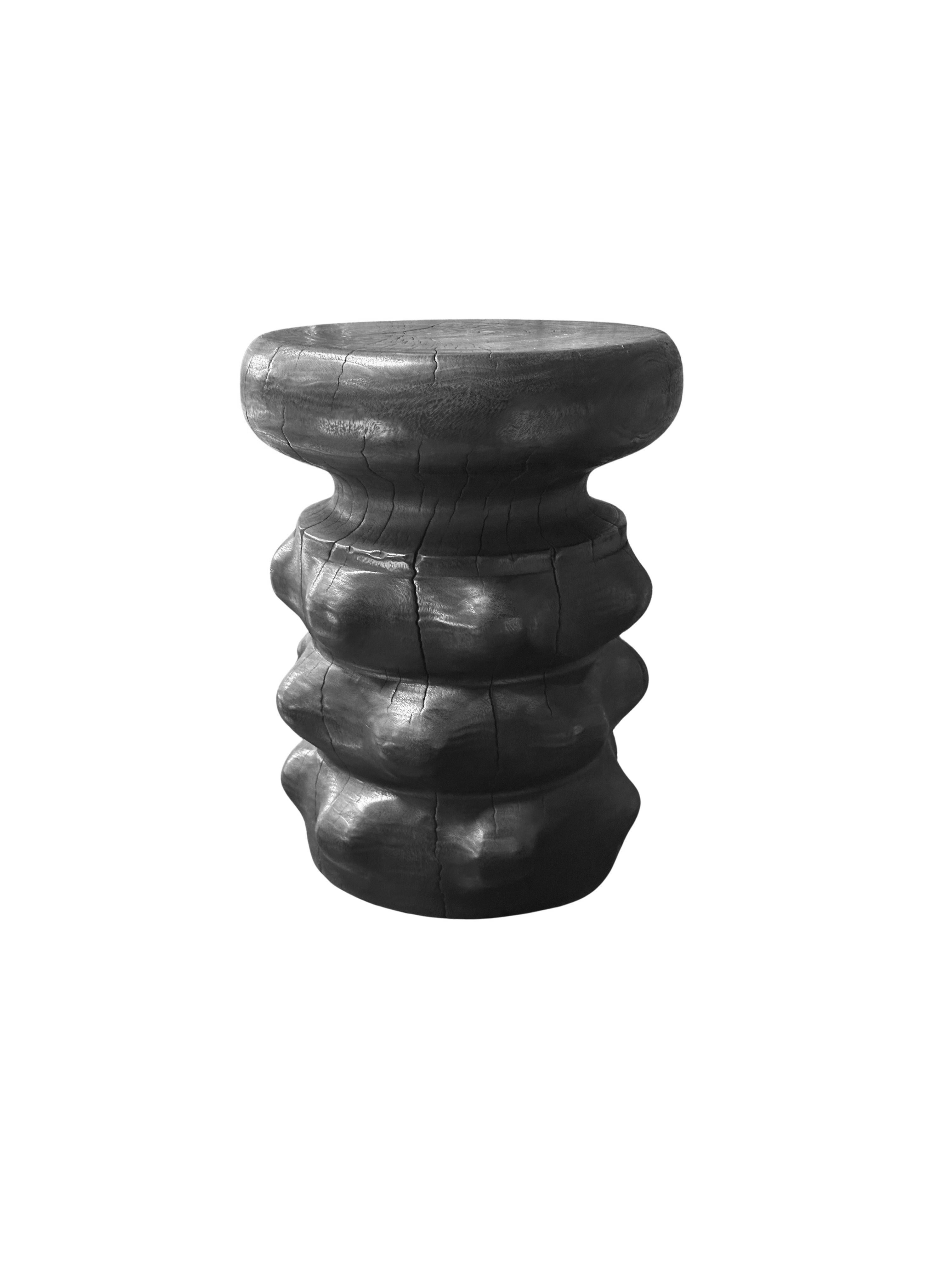 Hand-Crafted Sculptural Solid Mango Wood Round Side Table Modern Organic, Burnt Finish For Sale