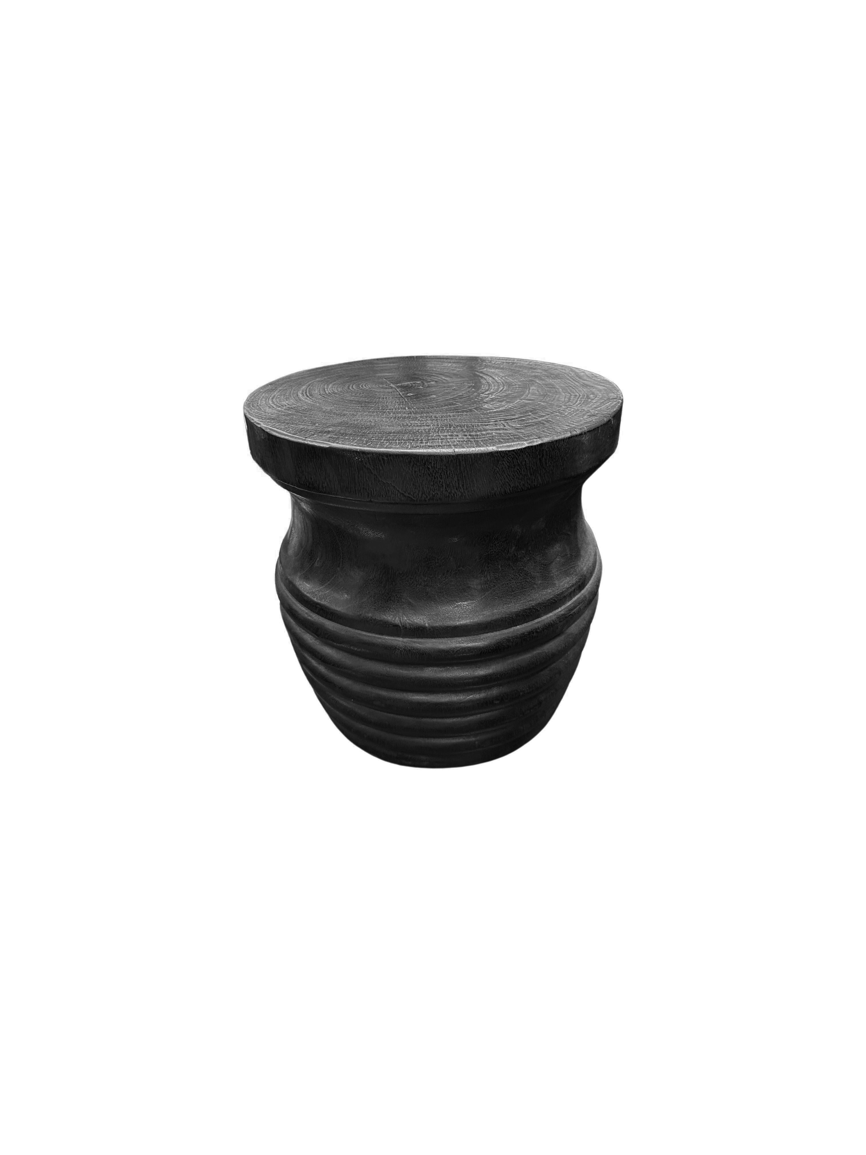 Hand-Crafted Sculptural Solid Mango Wood Round Side Table Modern Organic, Burnt Finish For Sale