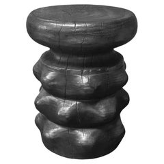Sculptural Solid Mango Wood Round Side Table Modern Organic, Burnt Finish