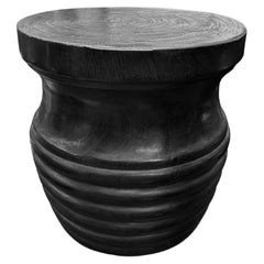 Sculptural Solid Mango Wood Round Side Table Modern Organic, Burnt Finish