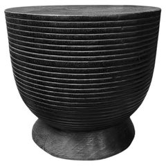 Sculptural Solid Mango Wood Round Side Table Modern Organic, Burnt Finish