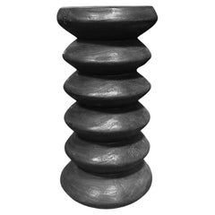 Sculptural Solid Mango Wood Round Side Table Modern Organic, Burnt Finish