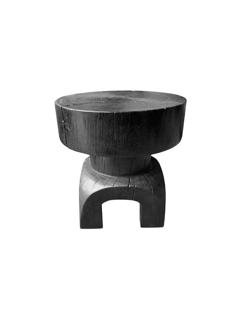 Indonesian Sculptural Solid Mango Wood Table, Modern Organic, Arched Legs, Burnt Finish For Sale