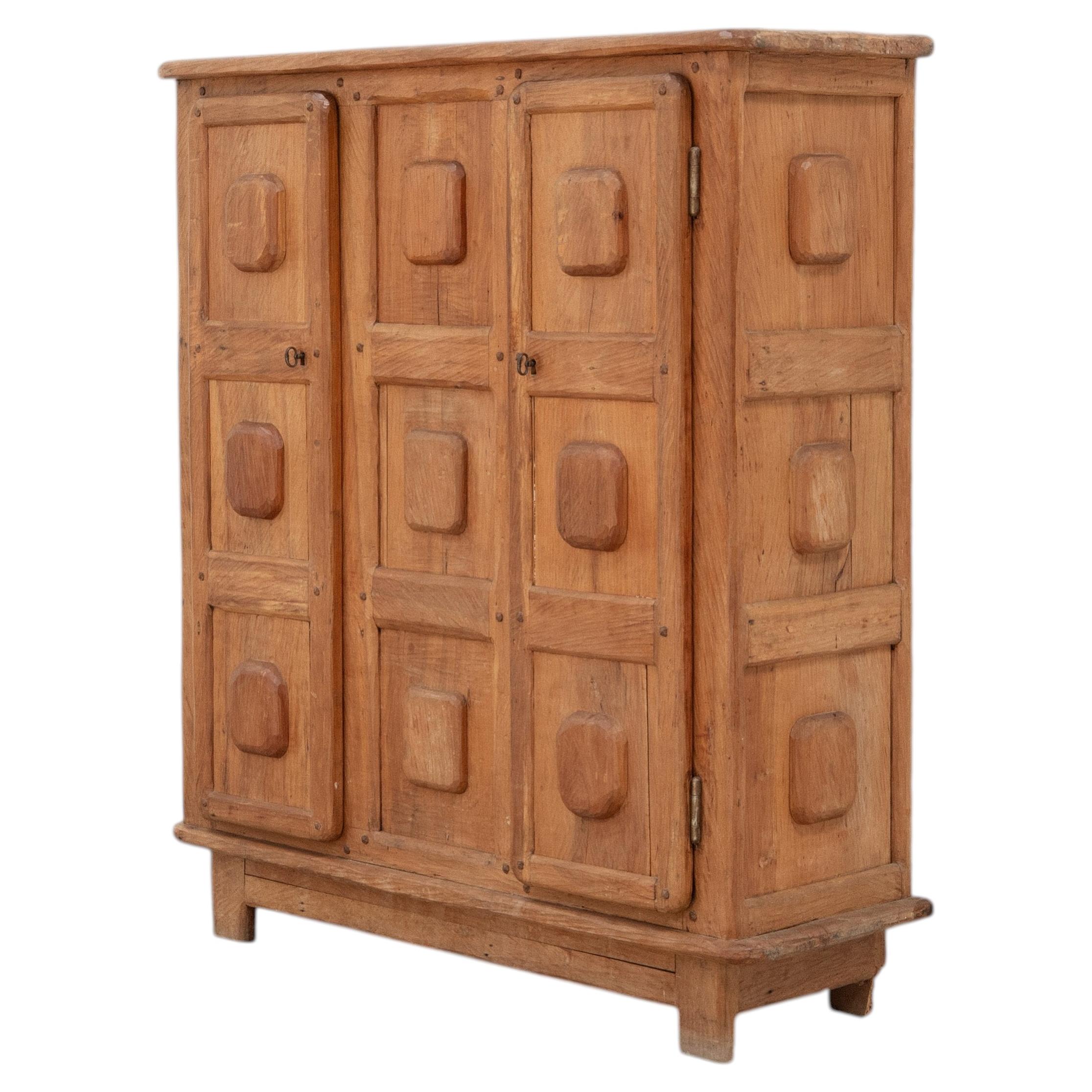 Sculptural Solid Oak Cabinet with Organic Relief Panels, 1940s