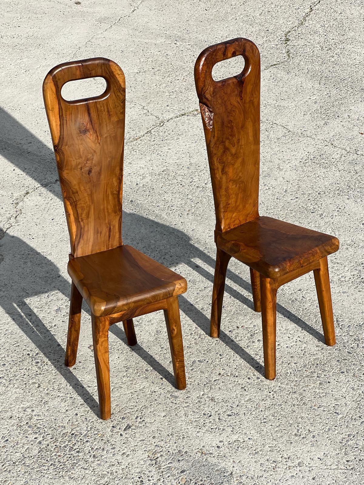 Mid-Century Modern Sculptural solid olive wood high-back chairs French work 1960, set of 6  For Sale