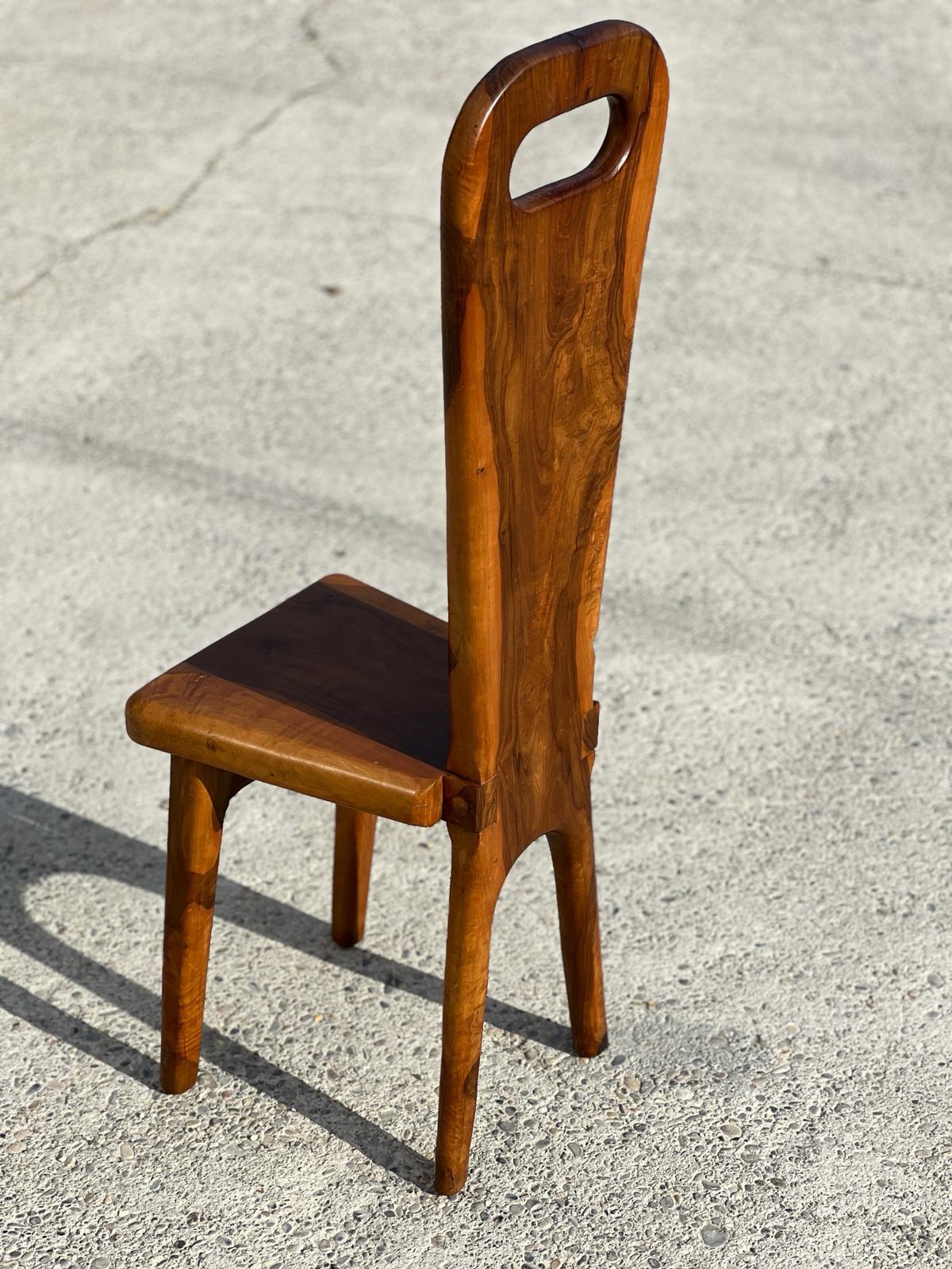 20th Century Sculptural solid olive wood high-back chairs French work 1960, set of 6  For Sale