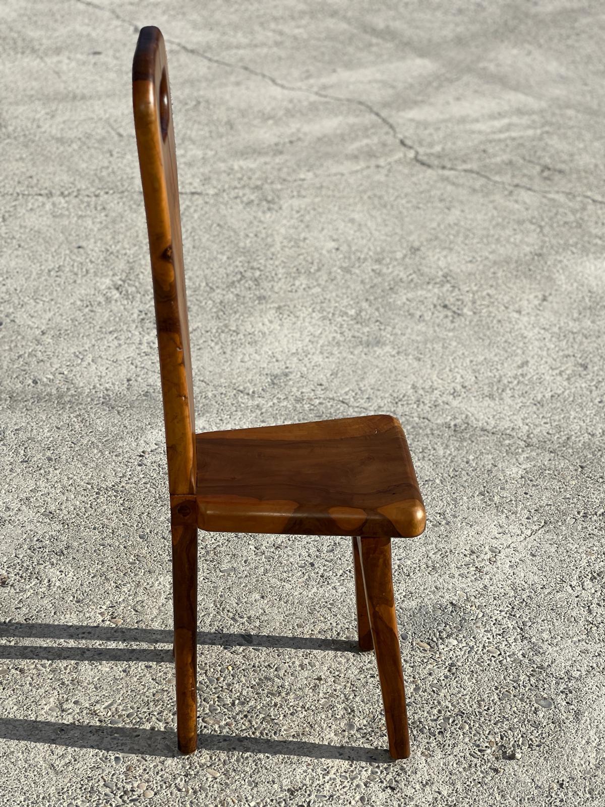 Olive Sculptural solid olive wood high-back chairs French work 1960, set of 6  For Sale