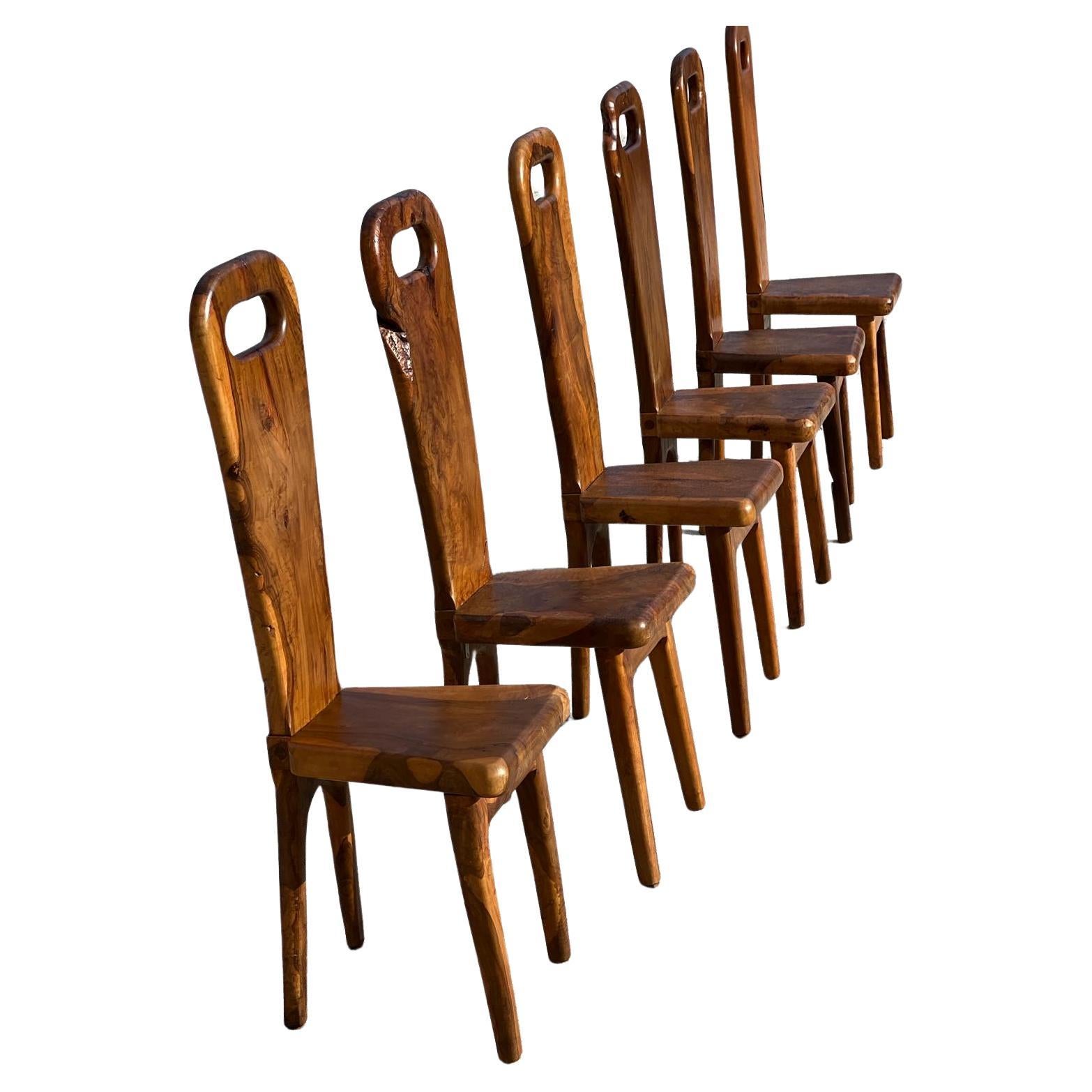 Sculptural solid olive wood high-back chairs French work 1960, set of 6  For Sale