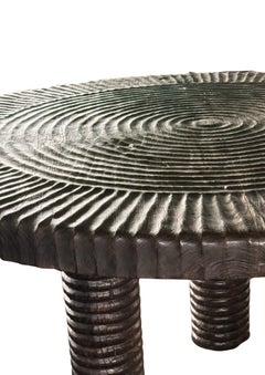 Sculptural Solid Suar Wood Round Dining Table with Espresso Burnt Finish