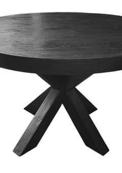 Tavolo da pranzo scultoreo in legno massello di teak con venature espressive, finitura bruciata