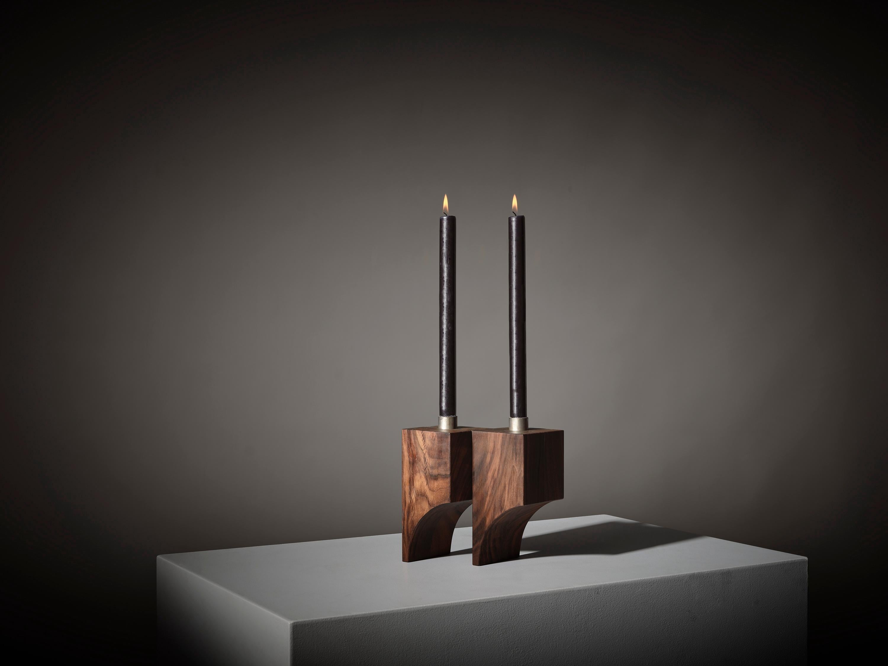 Brutalist Sculptural Solid Walnut Candle Holder - Acer R:2 by Mokko For Sale