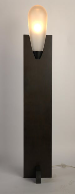 Sculptural Solid Walnut Floor Lamp w/Frosted Glass Shade, Blackened Steel Base