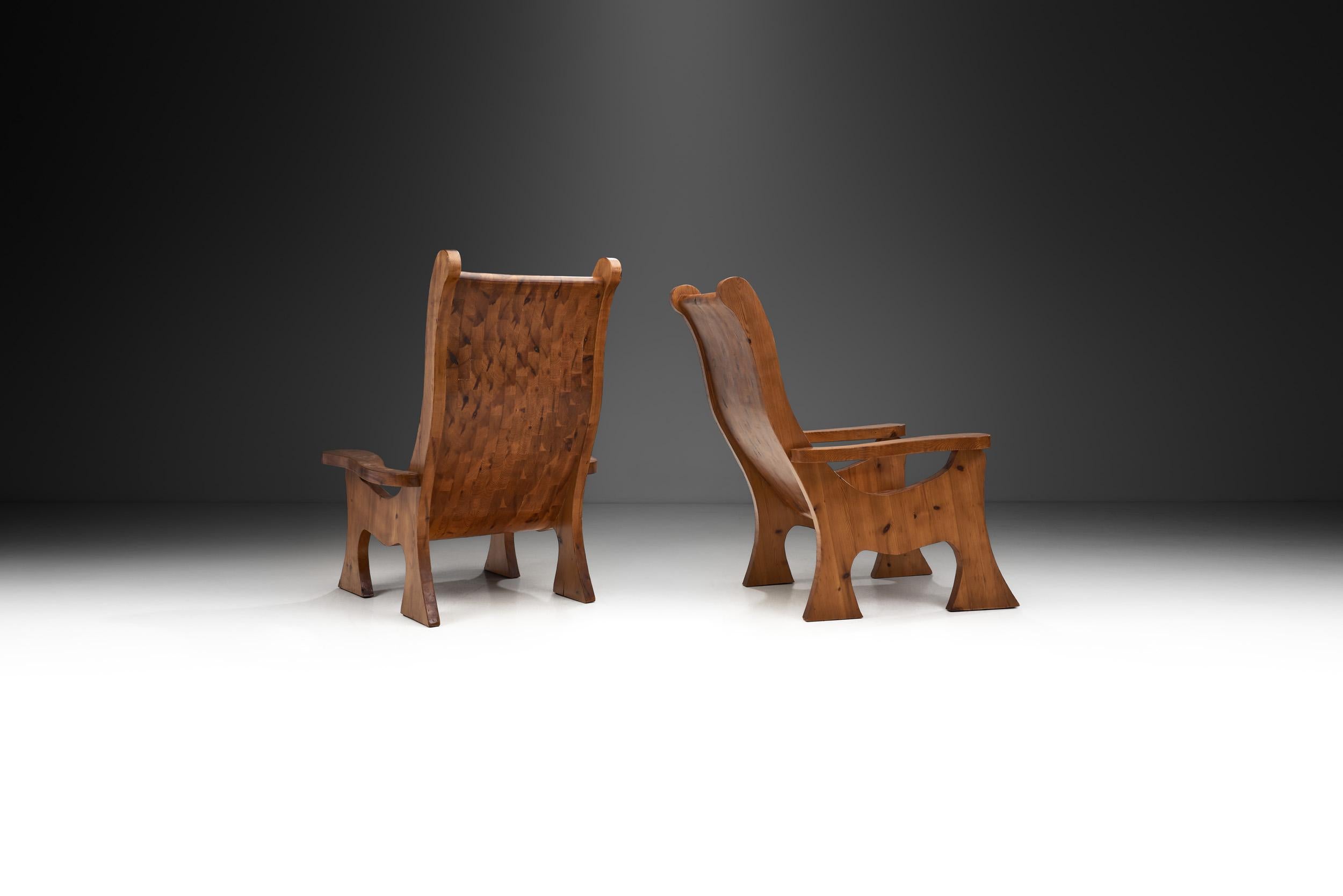 Mid-Century Modern Sculptural Solid Wood Armchairs, Europe ca 1960s
