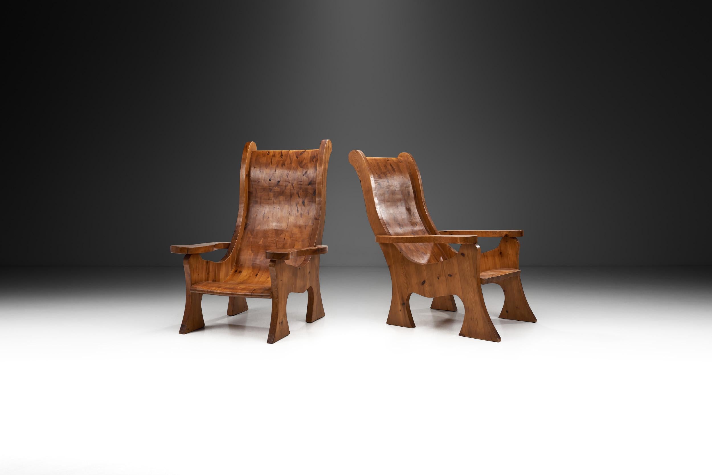 Sculptural Solid Wood Armchairs, Europe ca 1960s In Good Condition In Utrecht, NL
