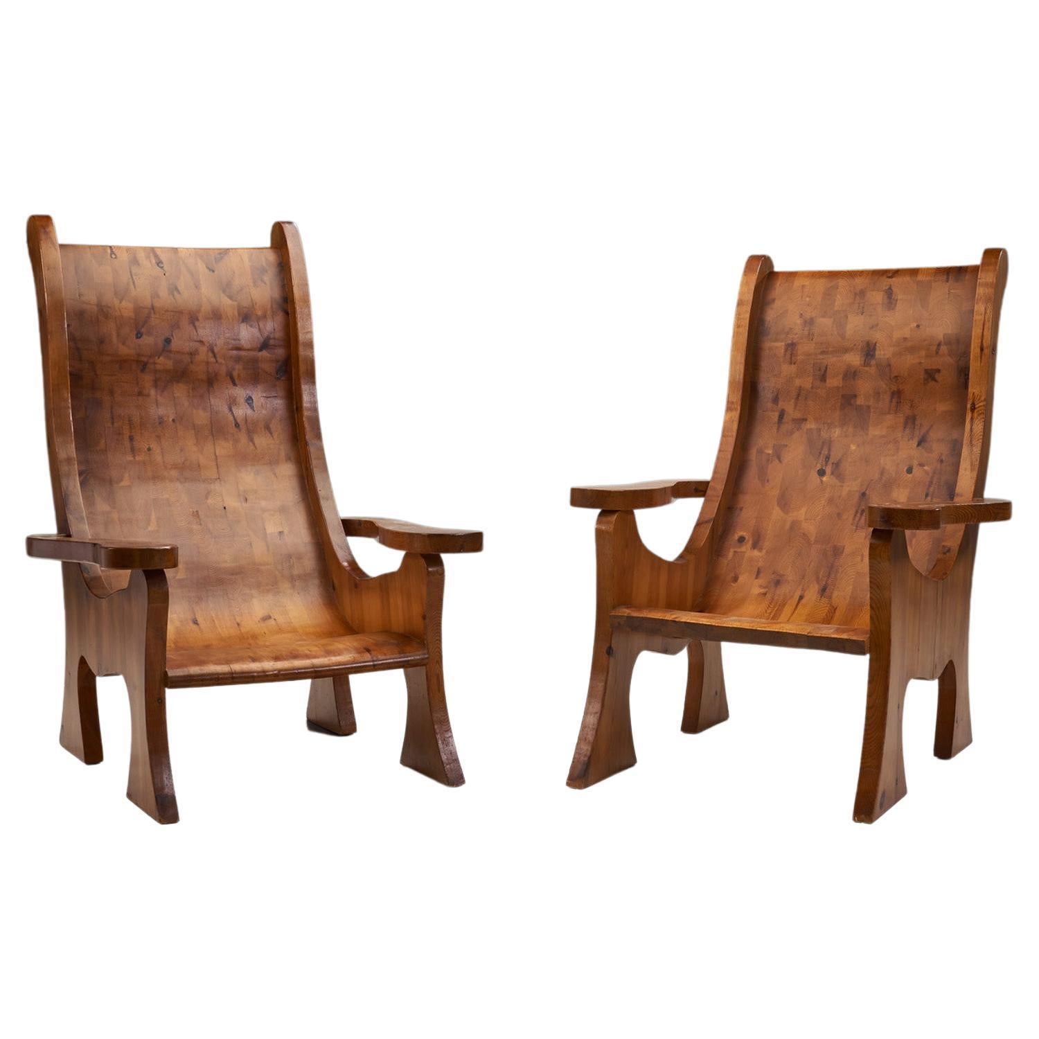 Sculptural Solid Wood Armchairs, Europe ca 1960s