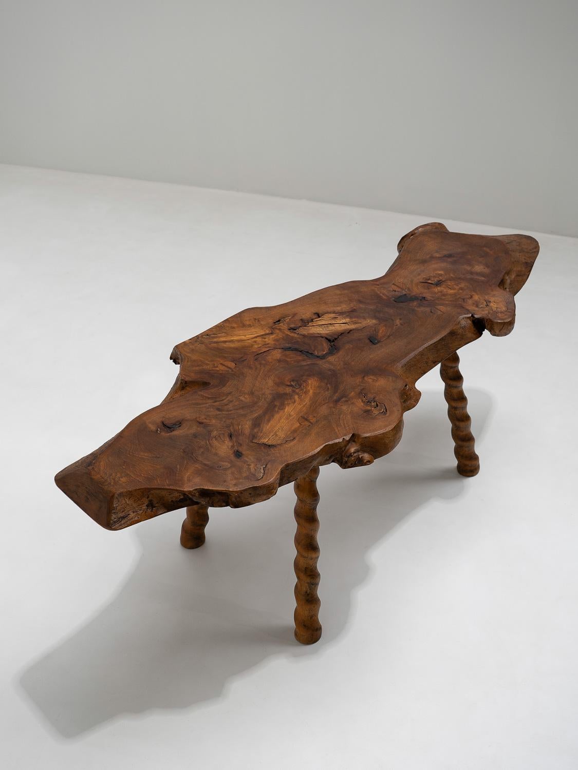 Sculptural Solid Wood Brutalist Coffee Table, France, 1950s 5