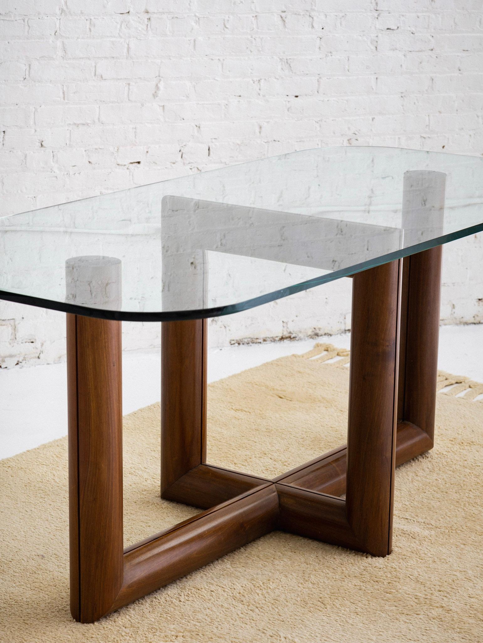 Modern Sculptural Solid Wood Dining Table with Glass Top For Sale