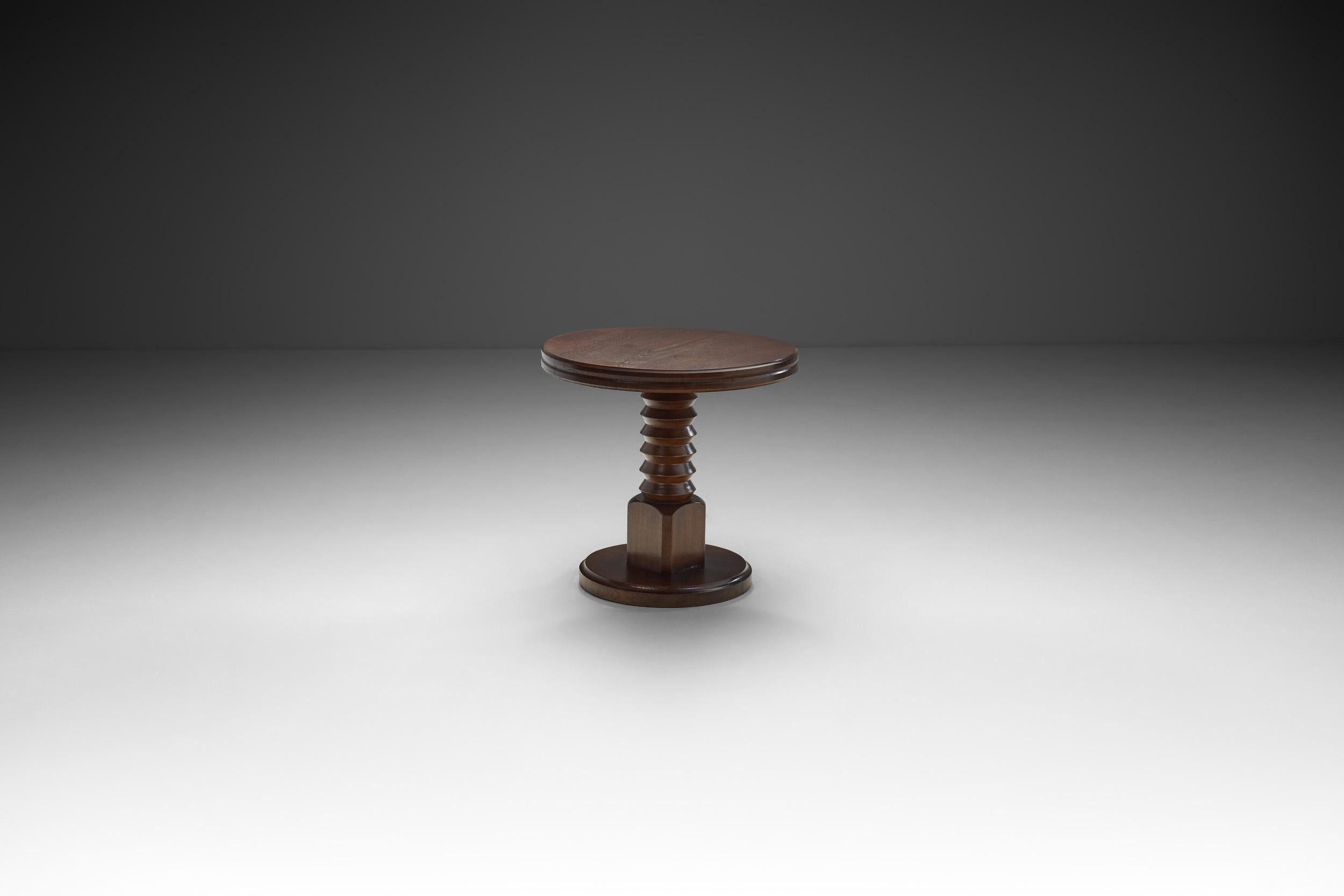 Mid-Century Modern Sculptural Solid Wood Side Table with Column Base, Europe ca 1940s For Sale