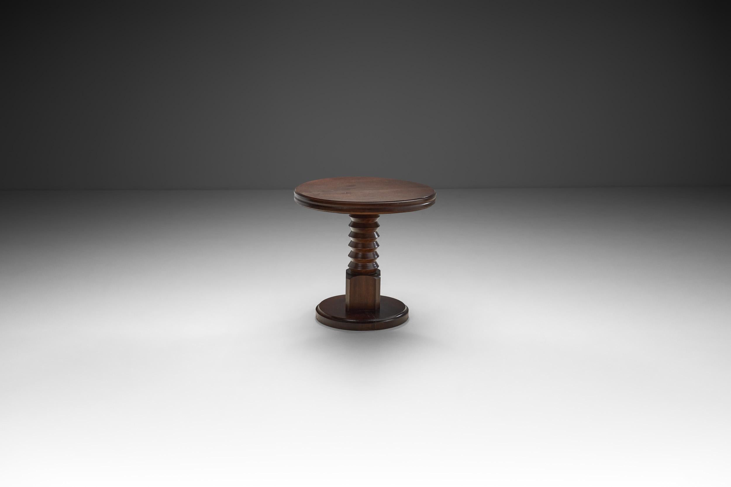 Sculptural Solid Wood Side Table with Column Base, Europe ca 1940s In Good Condition For Sale In Utrecht, NL