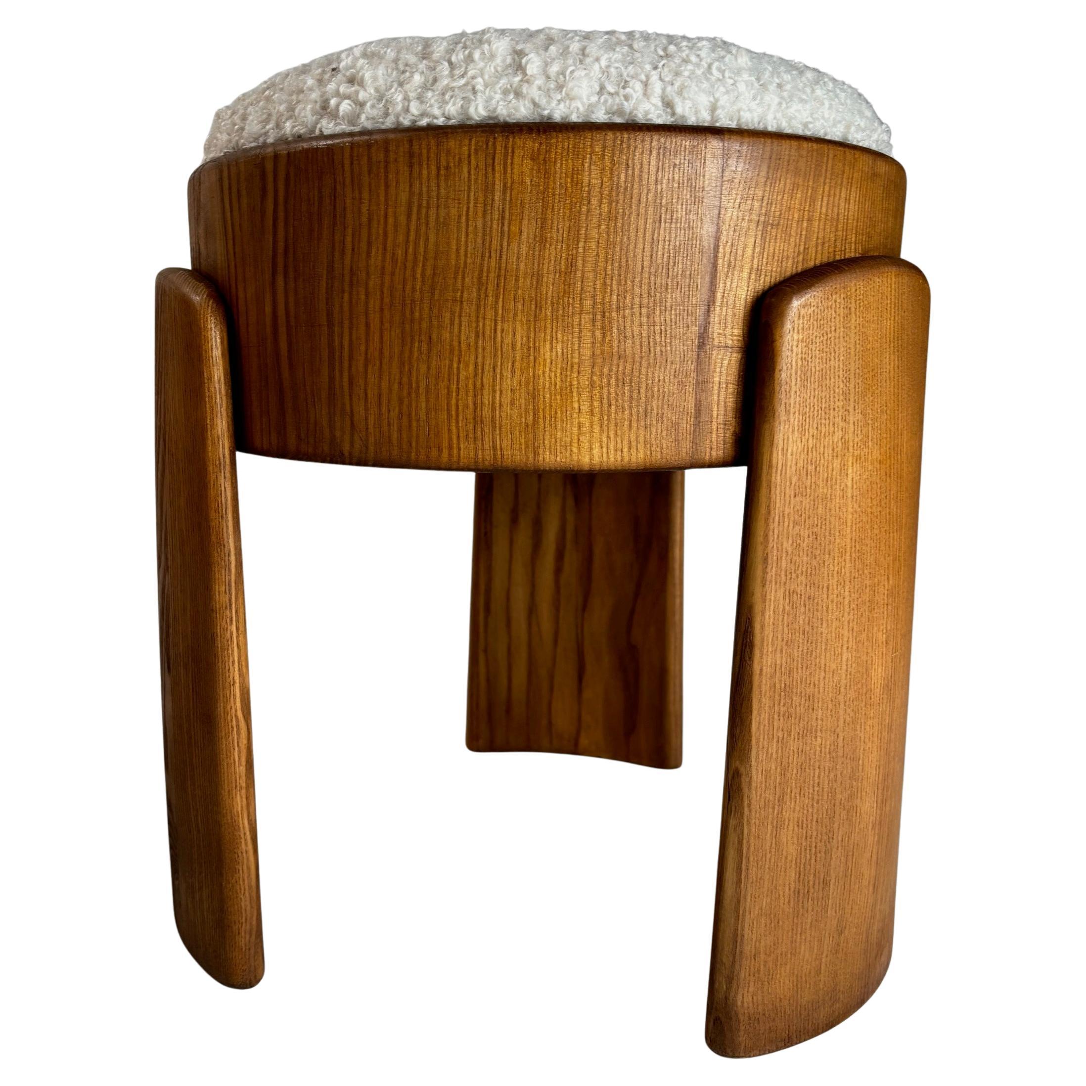 Sculptural Solid Wood Stool in Ash and Bouclé Fabric, Italy