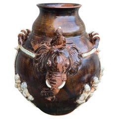 Sculptural Southeast Asian Stoneware Jar with Elephant and Figures