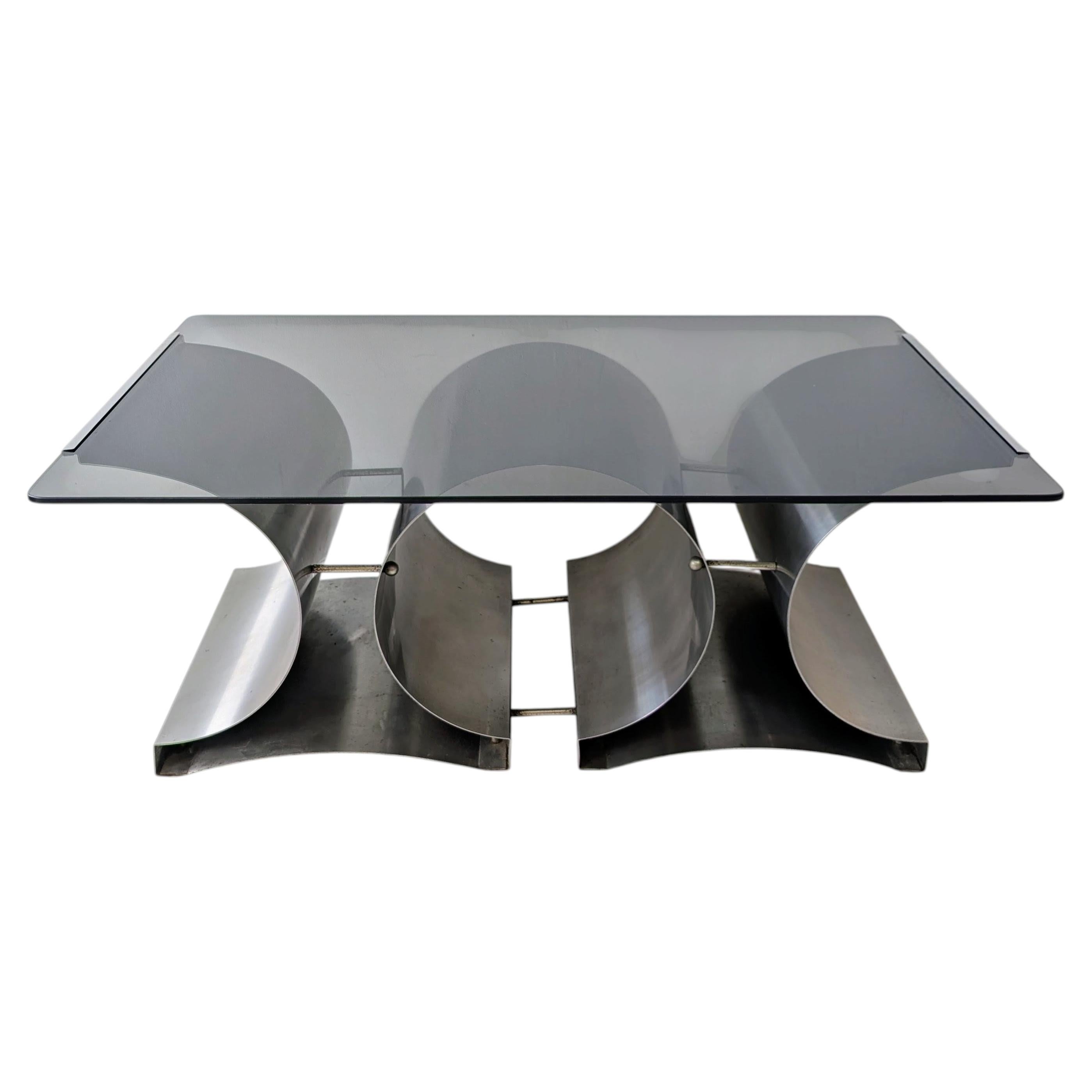 Table basse sculpturale de style « espace » des années 1970, en acier et verre, signée François Monnet, Kappa
