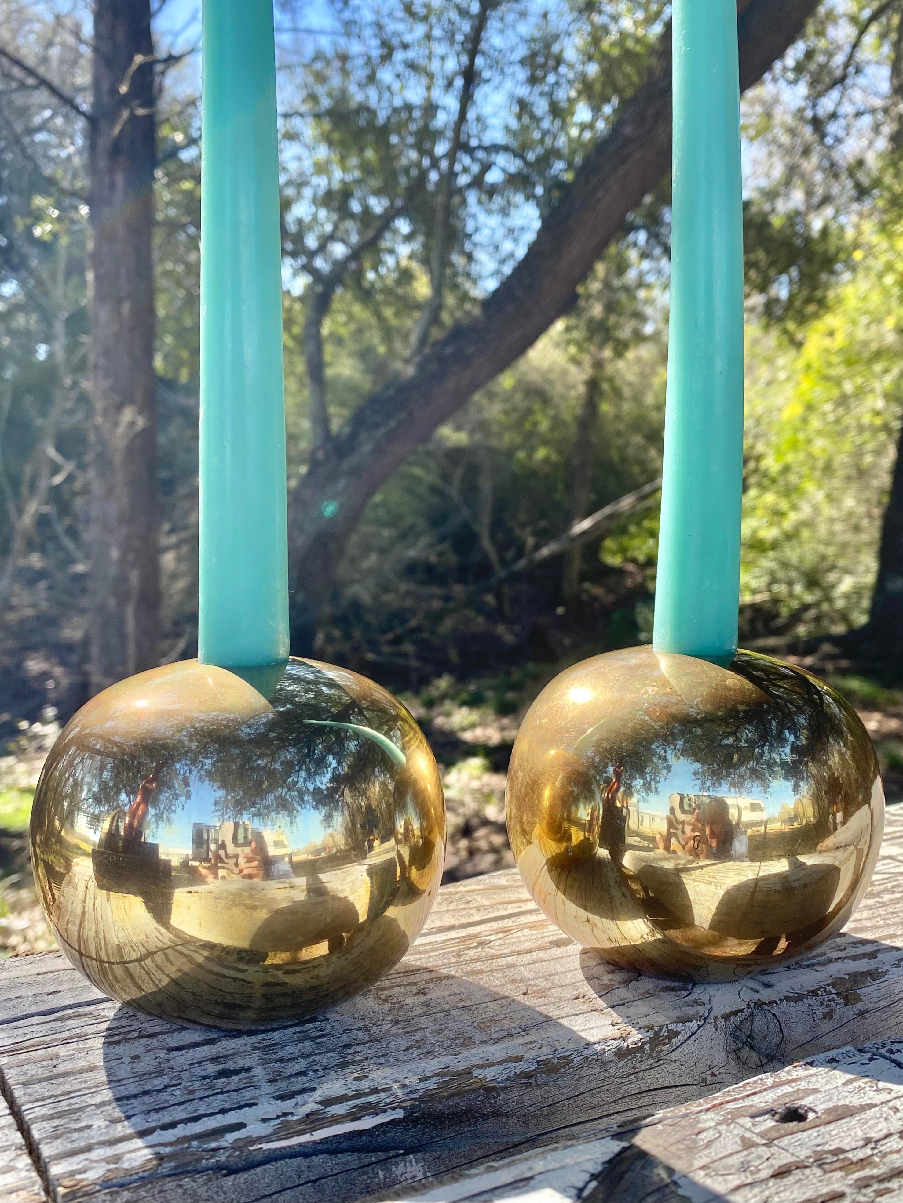 Minimalist Sculptural Spherical Geometric Brass Candle Holders, a Pair For Sale