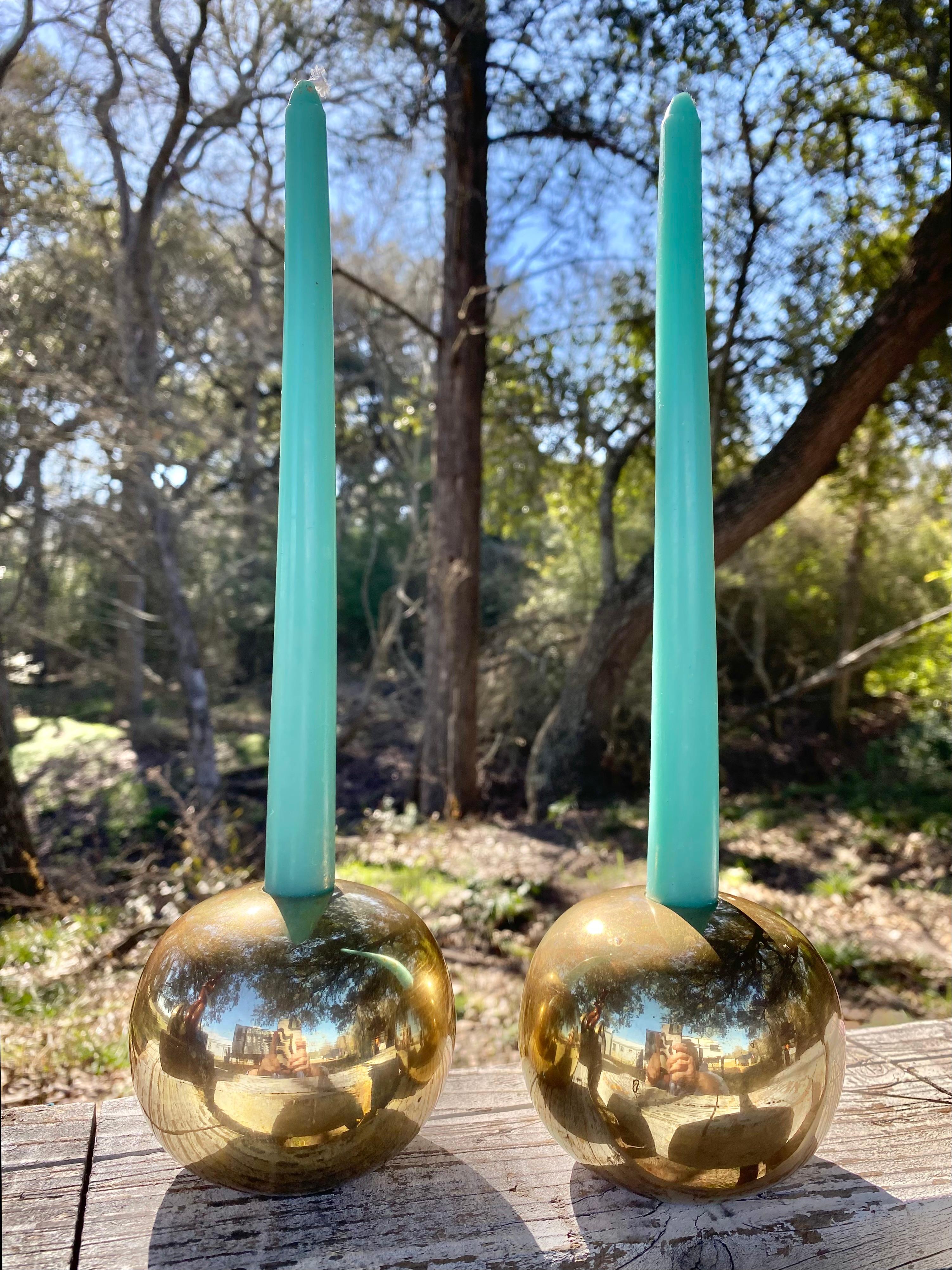 Indian Sculptural Spherical Geometric Brass Candle Holders, a Pair For Sale