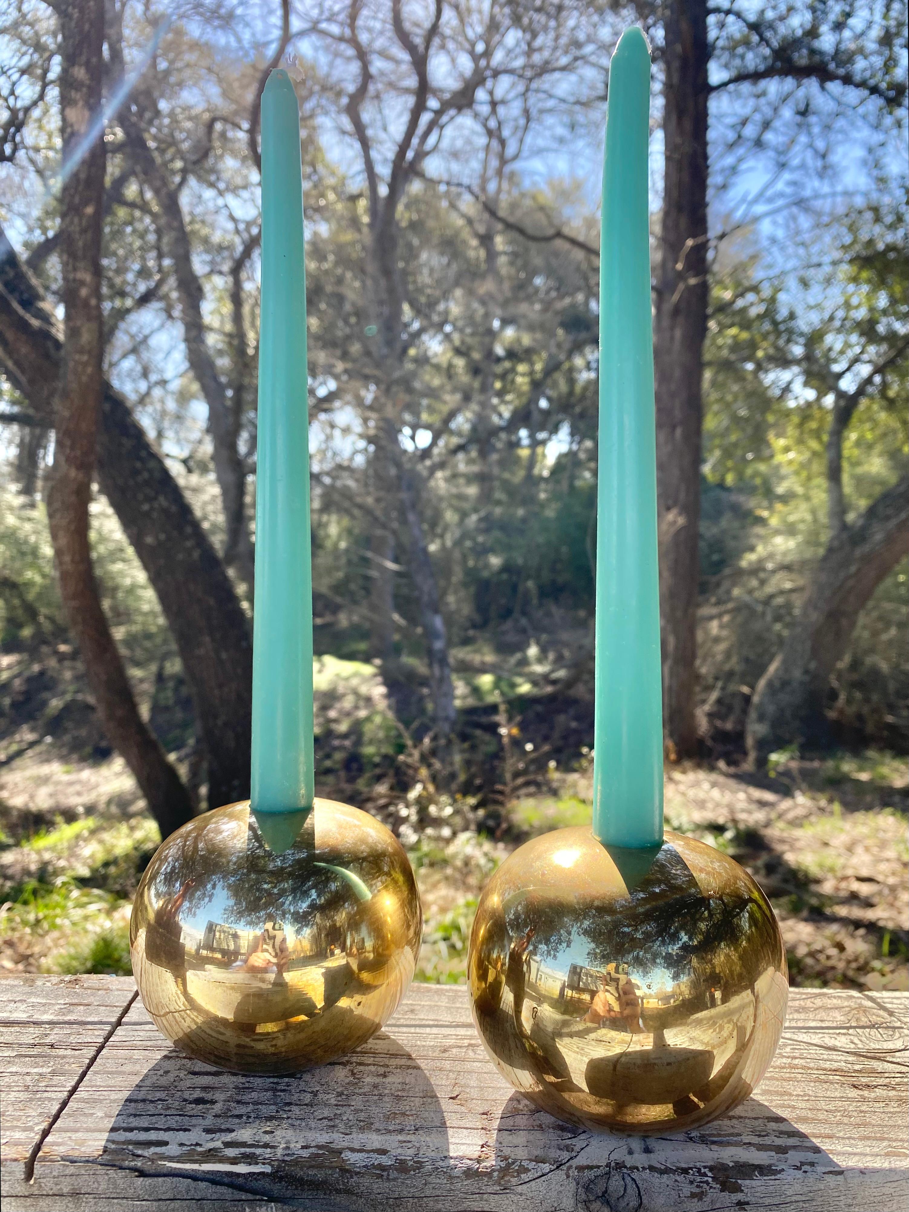 Sculptural Spherical Geometric Brass Candle Holders, a Pair For Sale 1