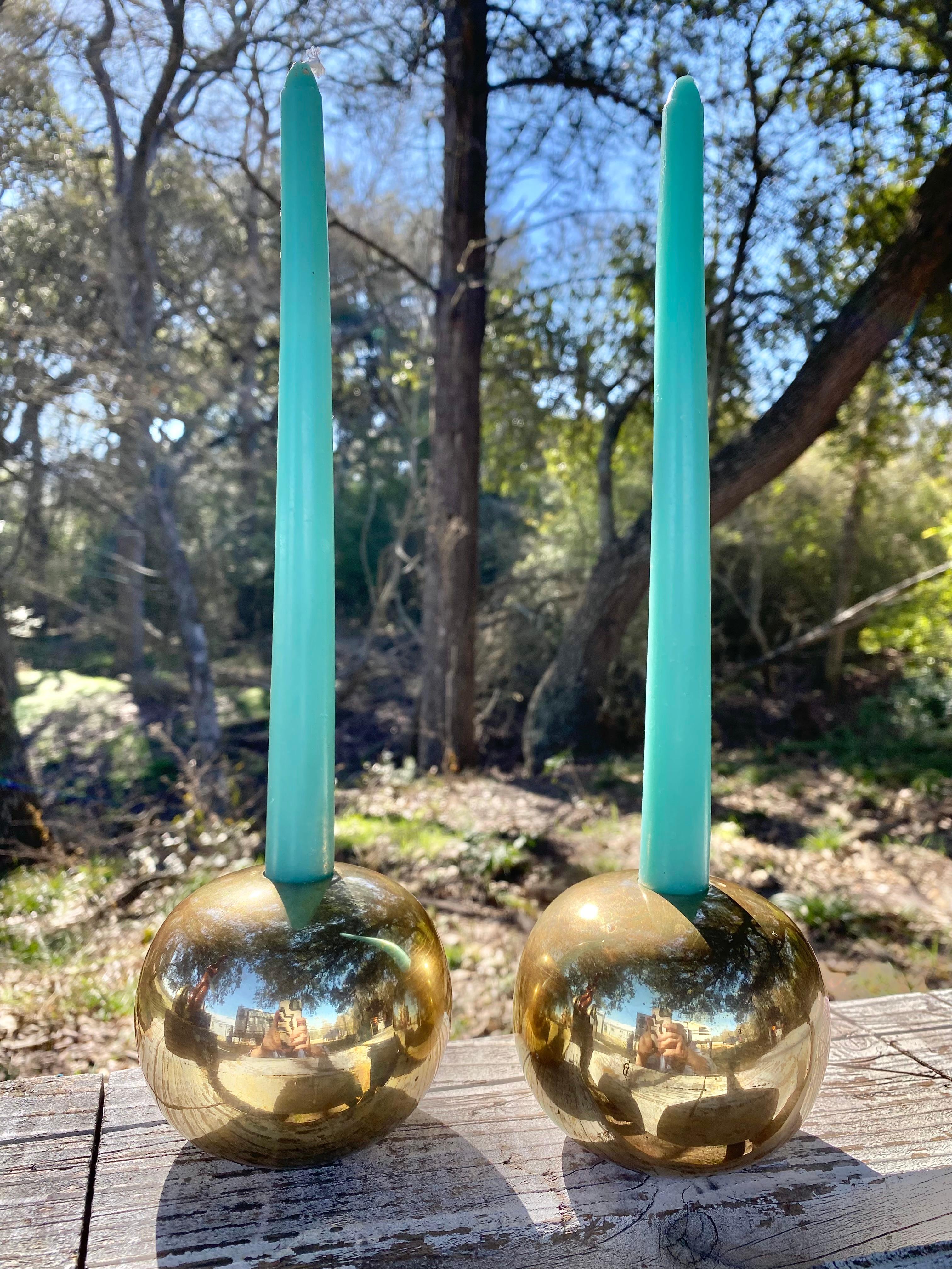 Sculptural Spherical Geometric Brass Candle Holders, a Pair For Sale 2