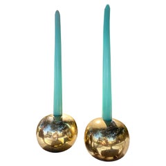 Sculptural Spherical Geometric Brass Candle Holders, a Pair
