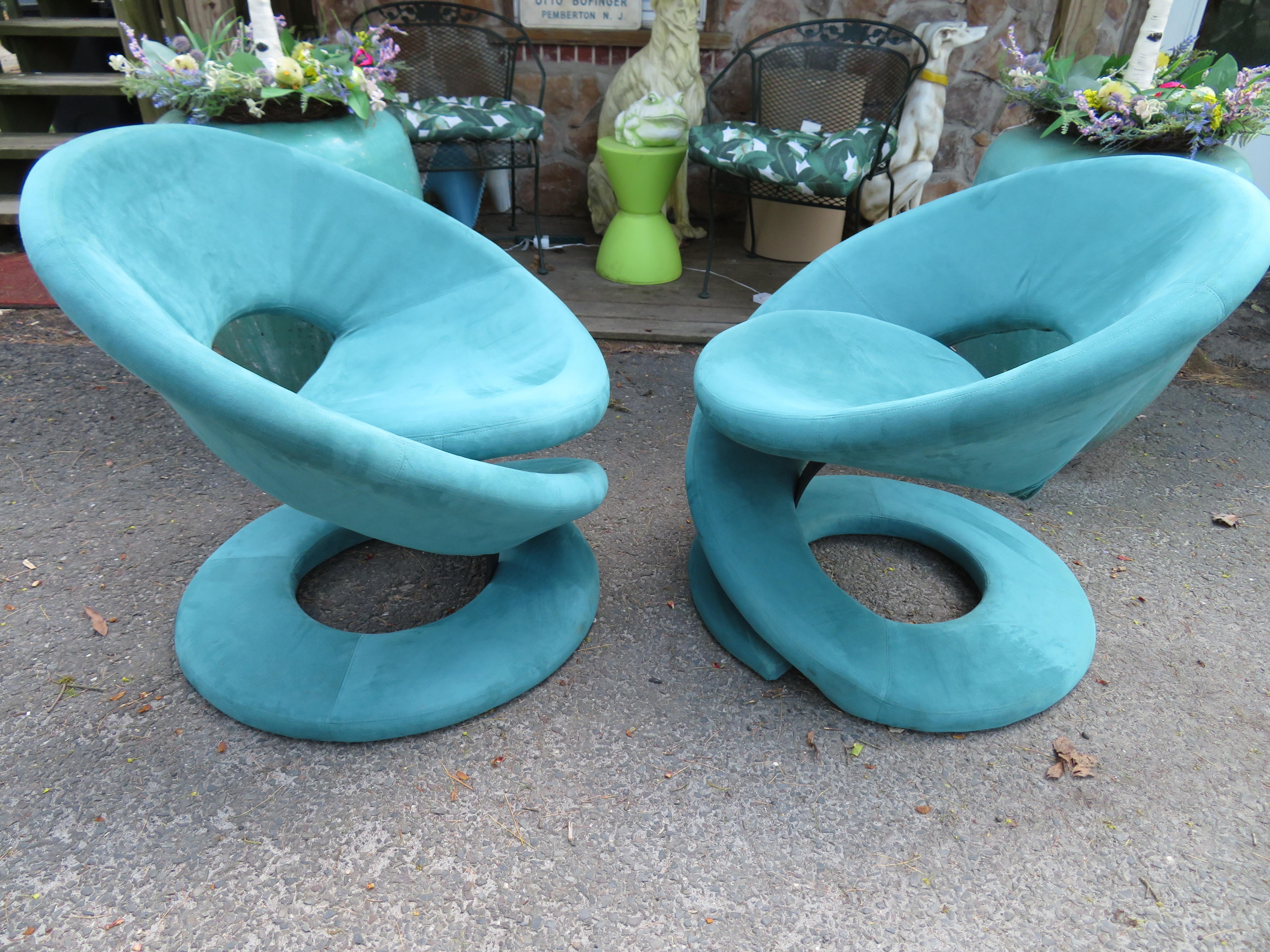 Sexy pair of corkscrew twist lounge chairs by Jaymar Furniture Quebec 69 Made in Canada. These chairs are in nice vintage condition with light age appropriate wear. They retain their original Tiffany box blue ultra-suede in useable condition-light