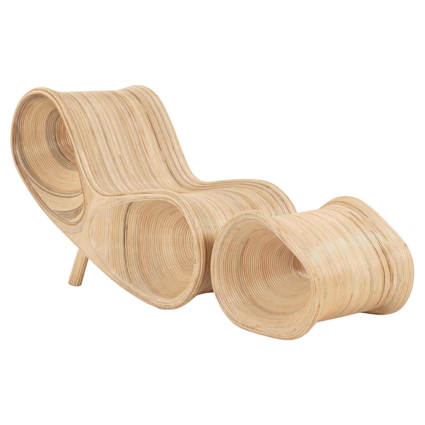 Sculptural Split Reed Lounge Chair and Ottoman in the Manner of Betty Cobonpue