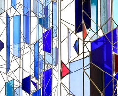 Sculptural Stained Glass Tri-Partite Screen, Room Divider, Blue, J. Ferguson USA