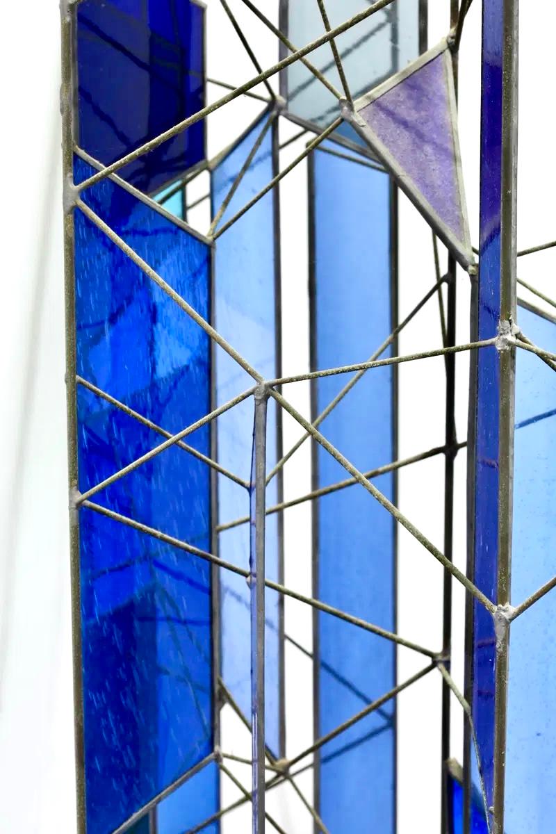 Modern Sculptural Stained Glass Tri-Partite Screen, Room Divider, Blue, J. Ferguson USA For Sale