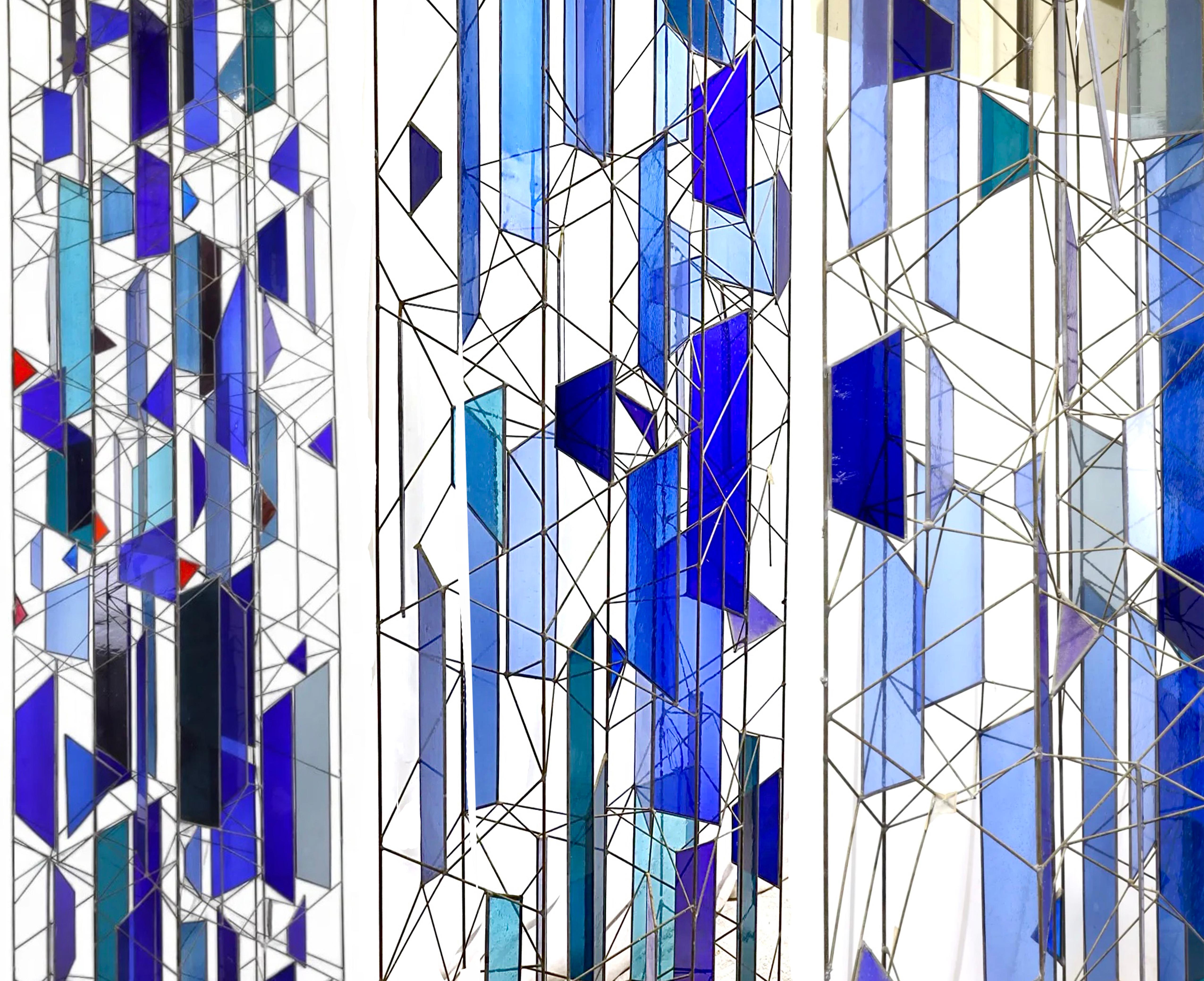 American Sculptural Stained Glass Tri-Partite Screen, Room Divider, Blue, J. Ferguson USA For Sale