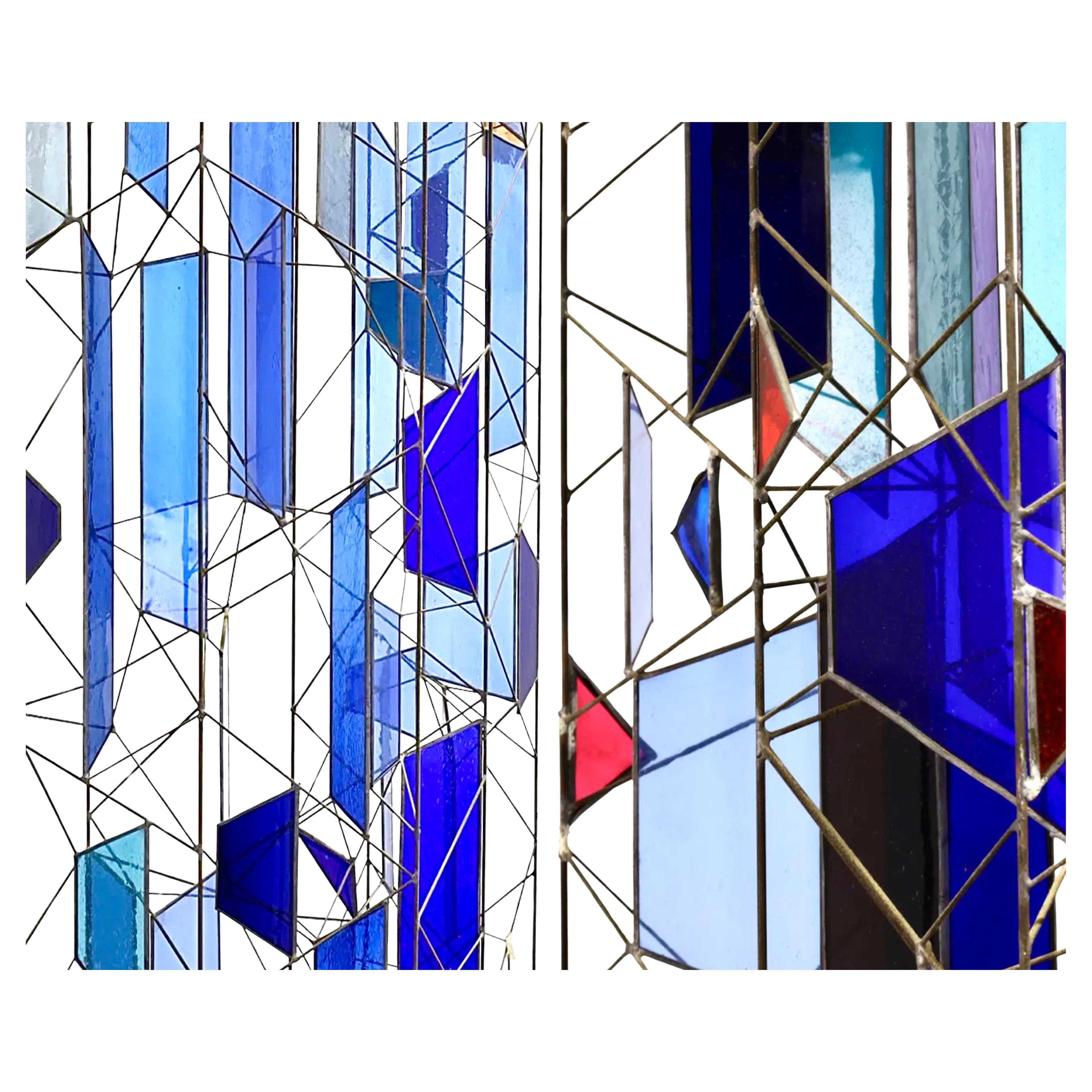 Sculptural Stained Glass Tri-Partite Screen, Room Divider, Blue, J. Ferguson USA In Good Condition For Sale In Brooklyn, NY
