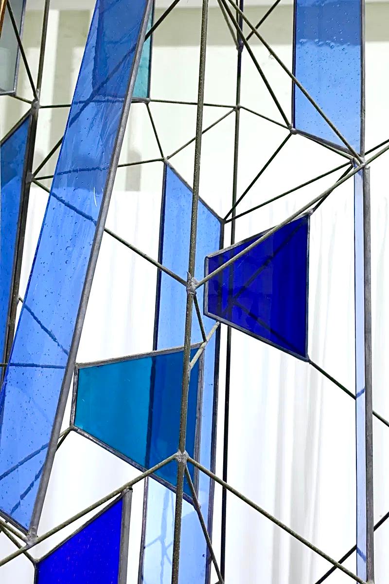 Sculptural Stained Glass Tri-Partite Screen, Room Divider, Blue, J. Ferguson USA For Sale 1