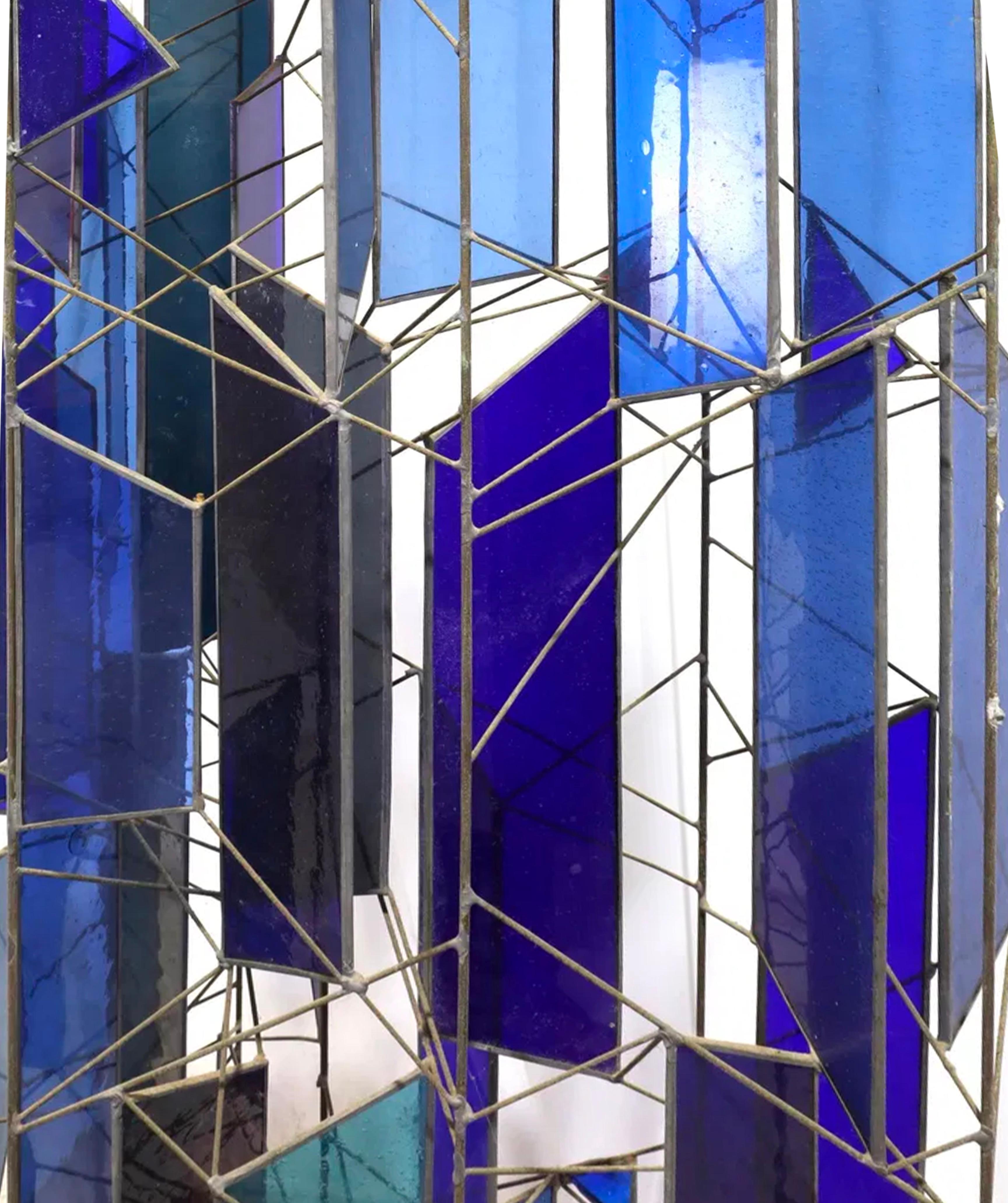 Sculptural Stained Glass Tri-Partite Screen, Room Divider, Blue, J. Ferguson USA For Sale 2