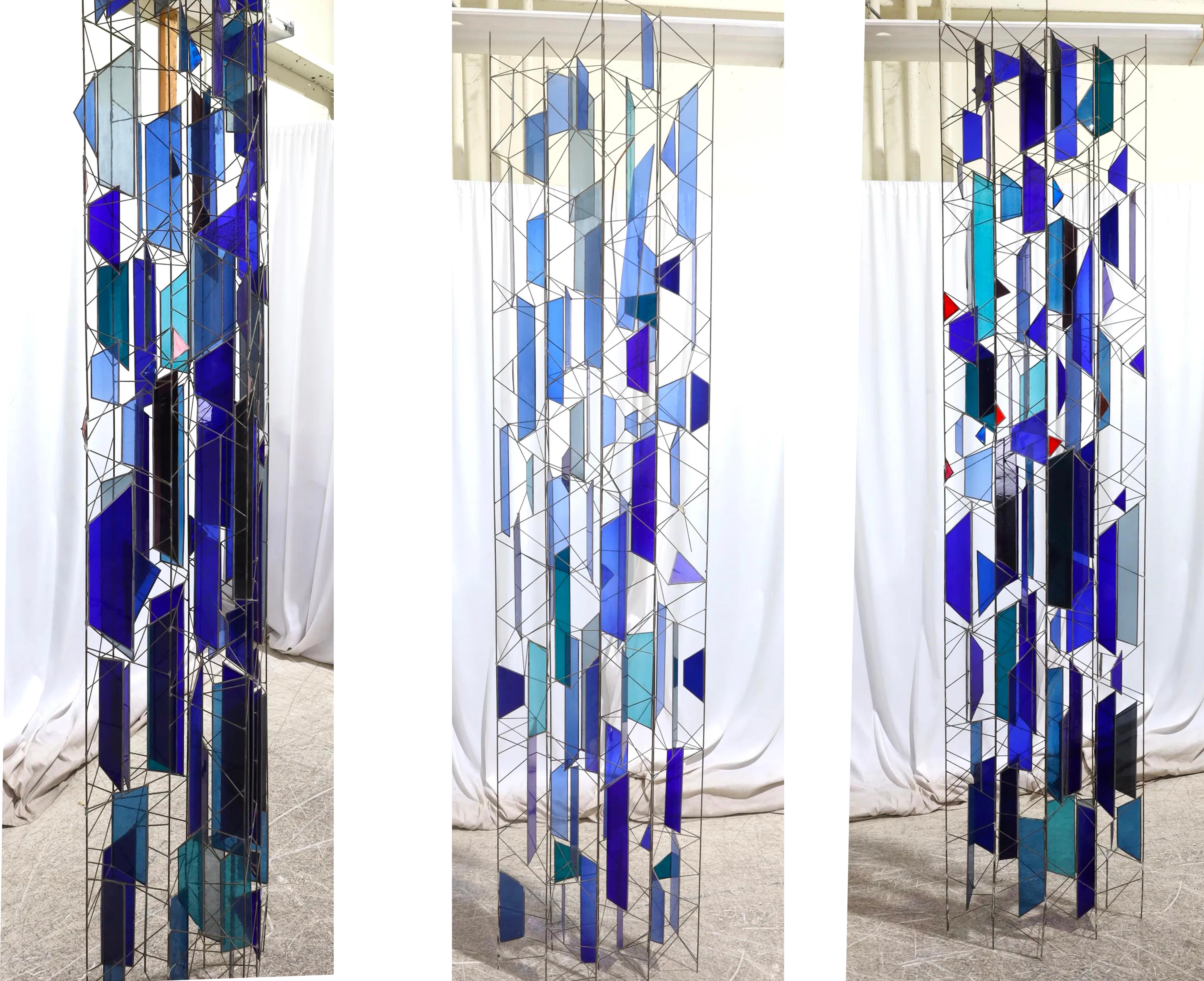Sculptural Stained Glass Tri-Partite Screen, Room Divider, Blue, J. Ferguson USA For Sale 3