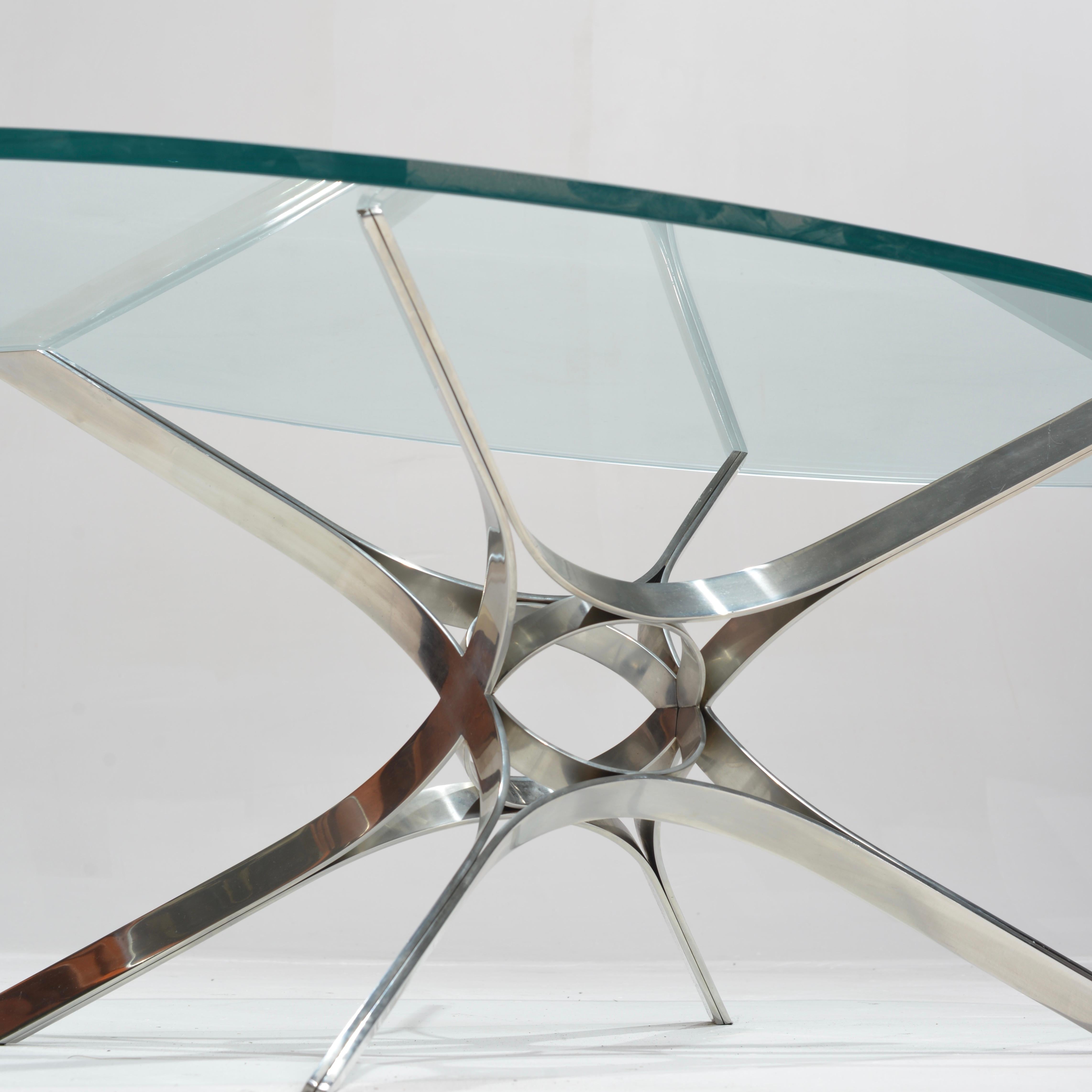 American Sculptural Stainless Steel and Glass Coffee Table by Roger Sprunger for Dunbar For Sale