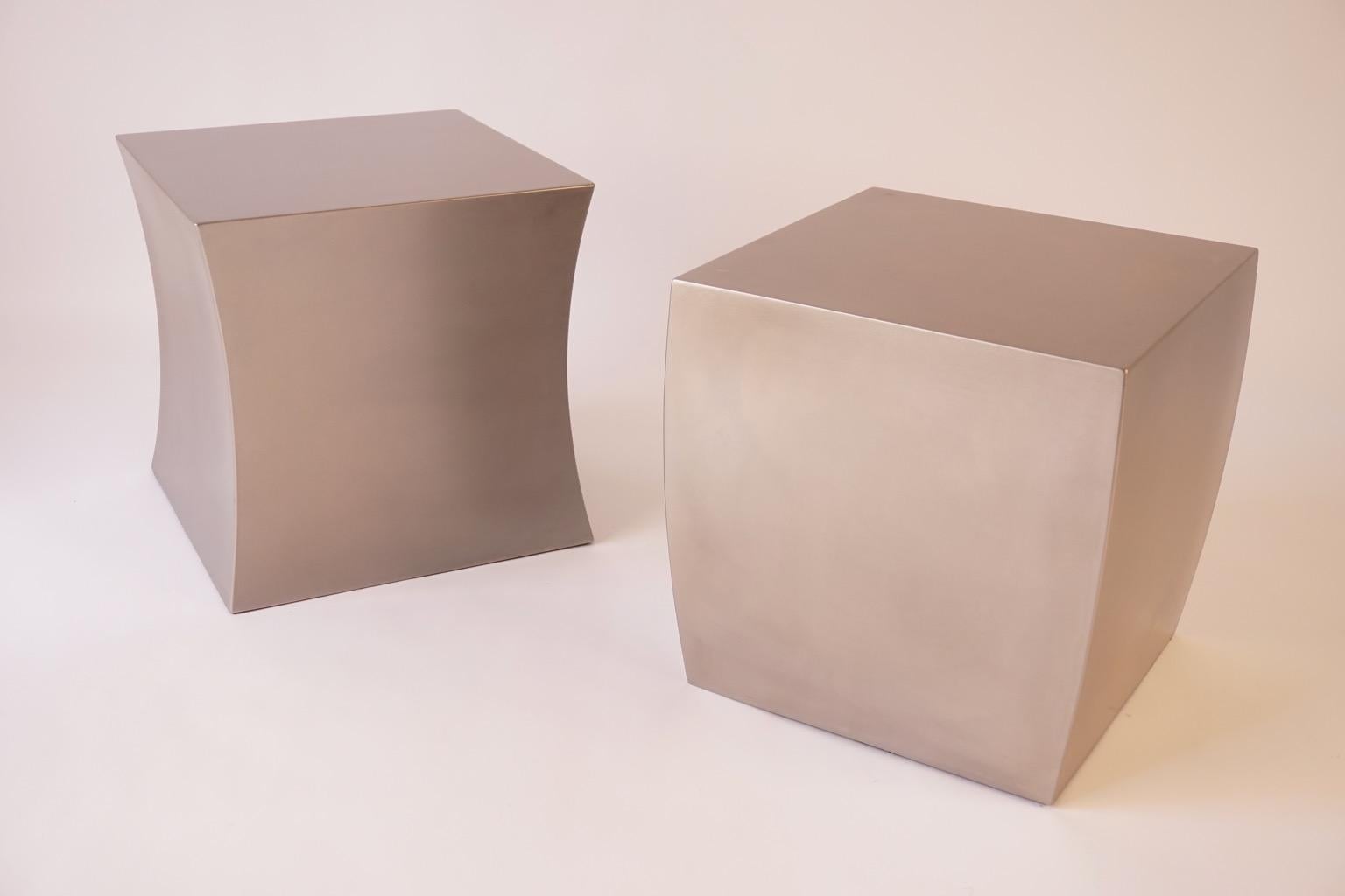 The Lehrecke Studio began making some of their classic pedestals and stools in different metals in 2000. The fabrication of the stainless steel pedestal is from a sold sheet material, expertly crafted with a random orbital finish. This set included
