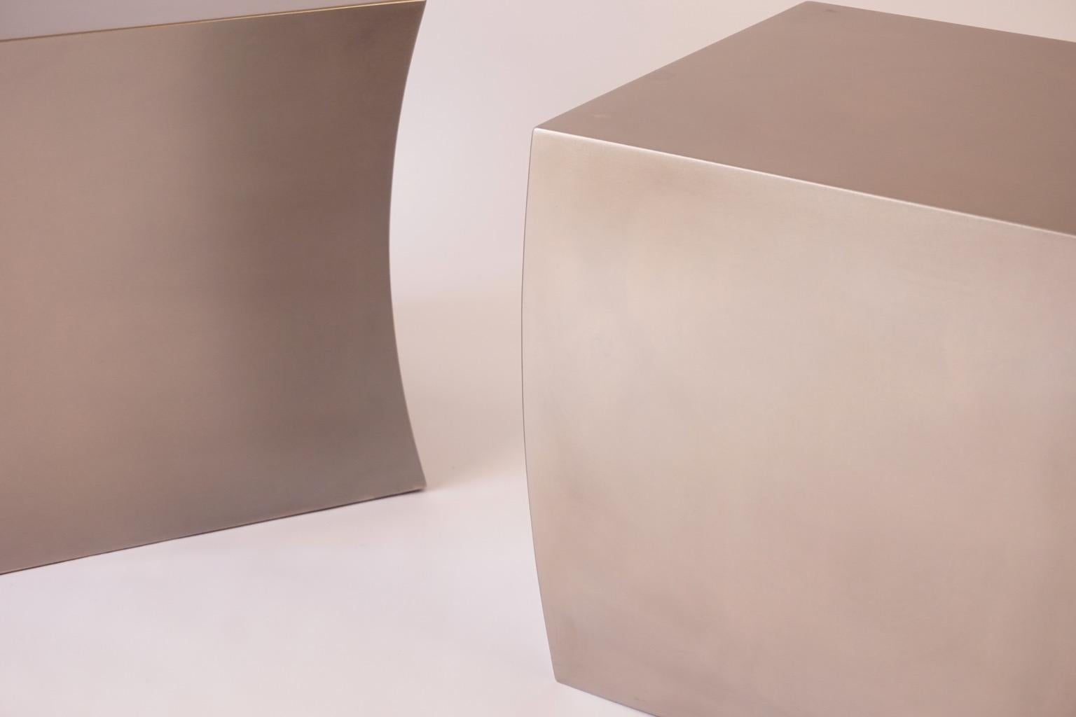American Sculptural Stainless Steel Pedestal Side Tables, Concave and Convex