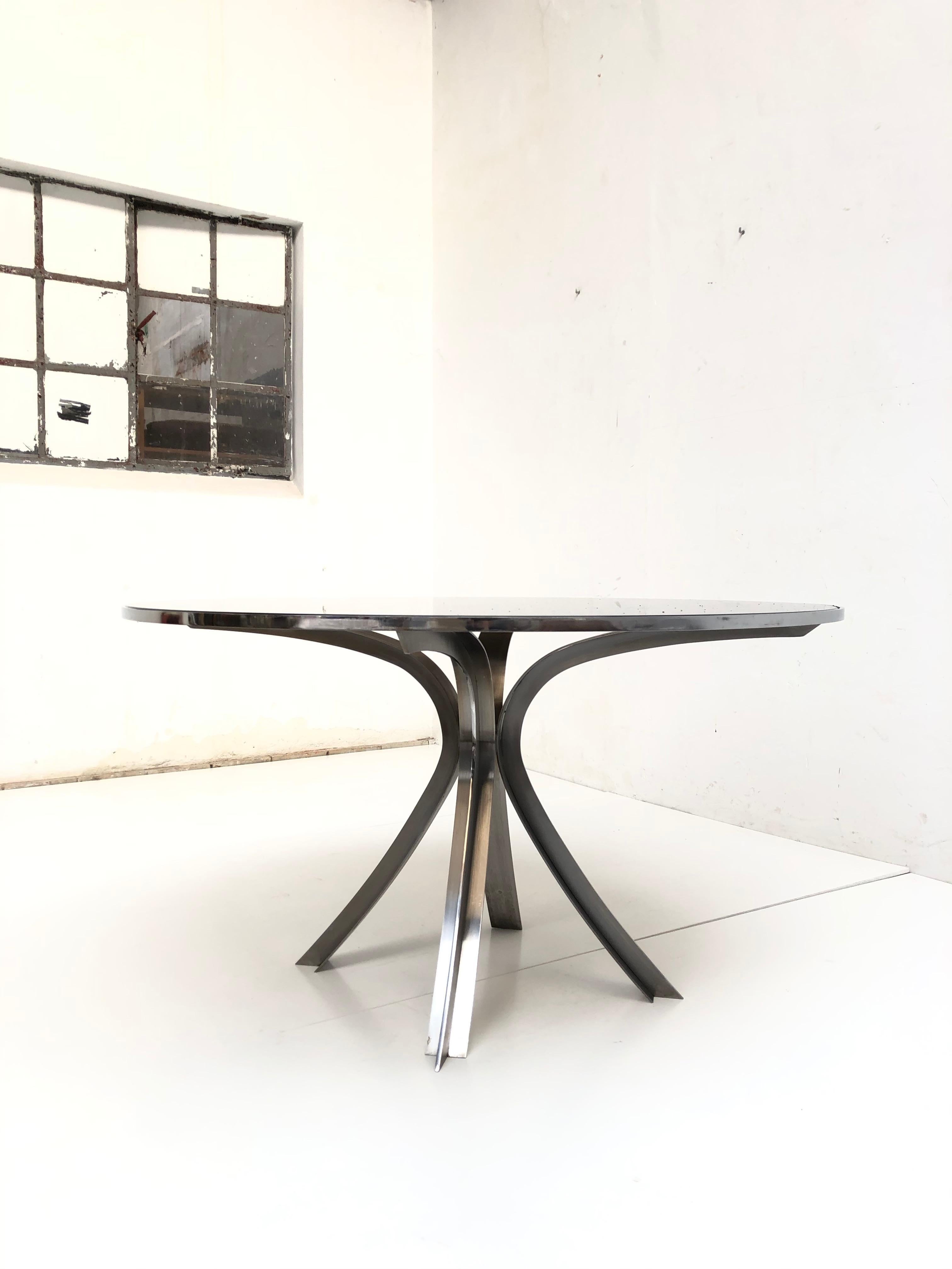 Late 20th Century Sculptural Stainless Steel Smoked Glass Dining Table by Xavier Féal 1970, France