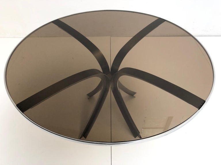 French Sculptural Stainless Steel Smoked Glass Dining Table by Xavier Féal 1970, France For Sale