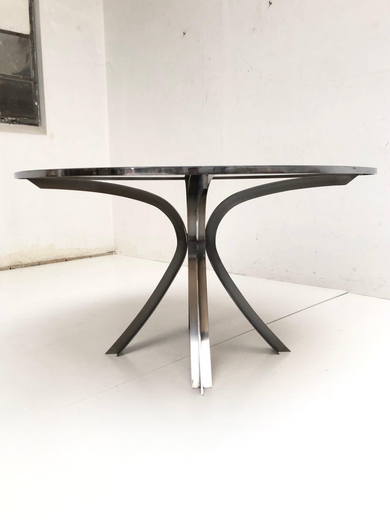 Brushed Sculptural Stainless Steel Smoked Glass Dining Table by Xavier Féal 1970, France For Sale
