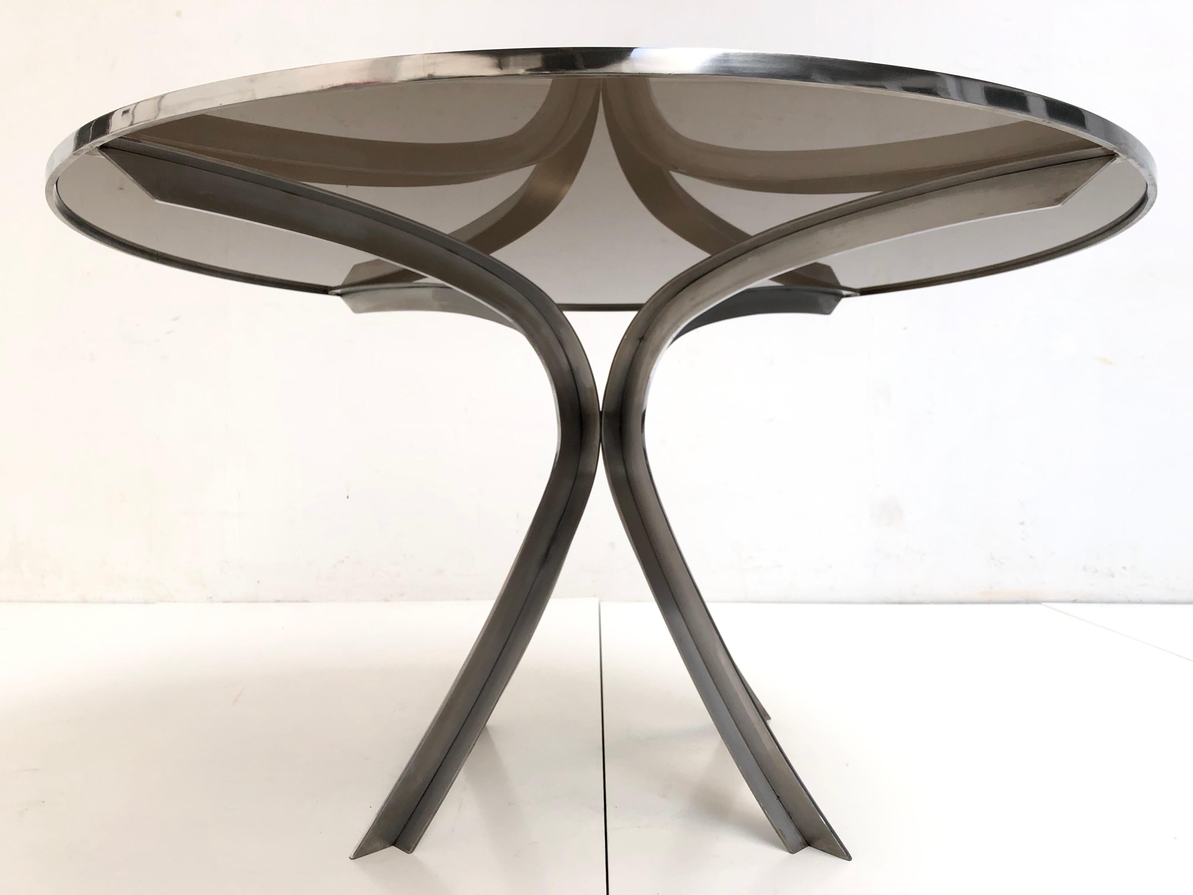 Brushed Sculptural Stainless Steel Smoked Glass Dining Table by Xavier Féal 1970, France