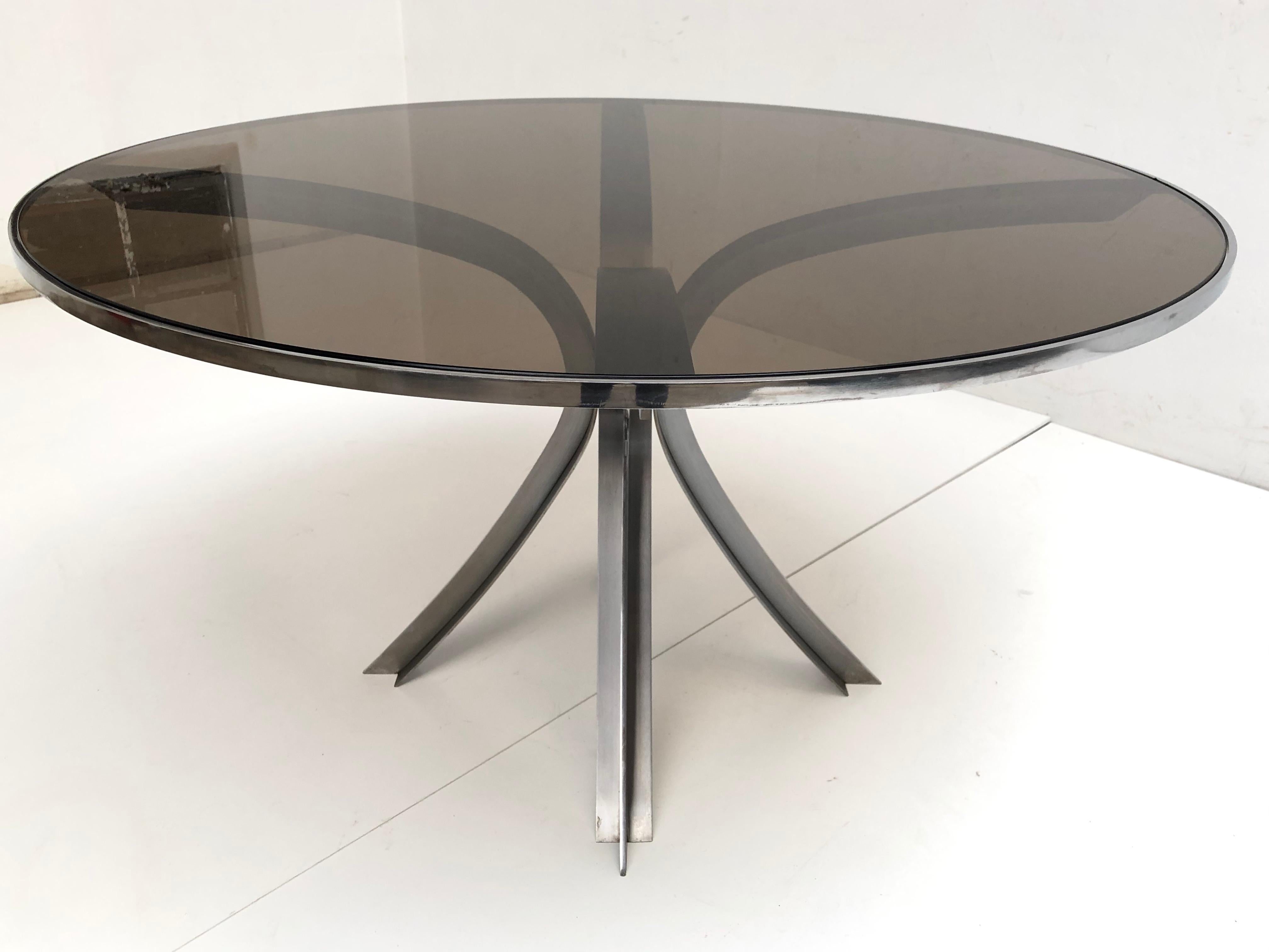 Sculptural Stainless Steel Smoked Glass Dining Table by Xavier Féal 1970, France In Good Condition In bergen op zoom, NL
