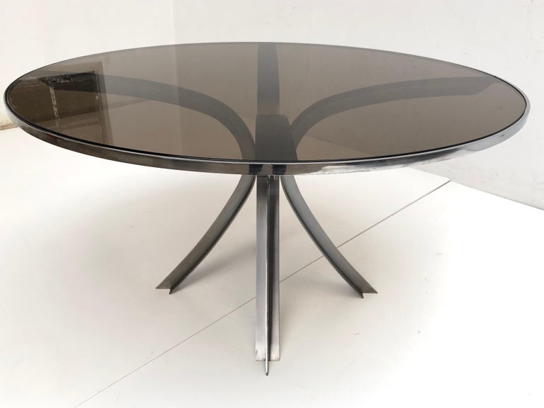 Sculptural Stainless Steel Smoked Glass Dining Table by Xavier Féal 1970, France For Sale 2